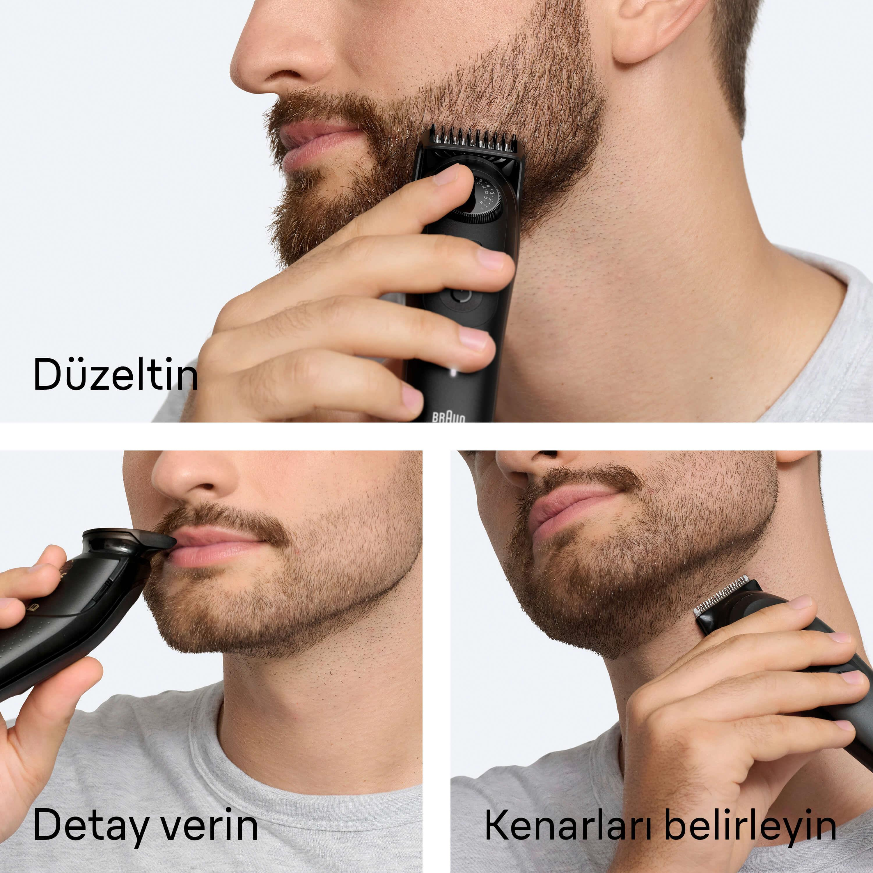 Ein Mann trimmt seinen Bart mit einem Trimmer. Nahaufnahme des Gesichts.