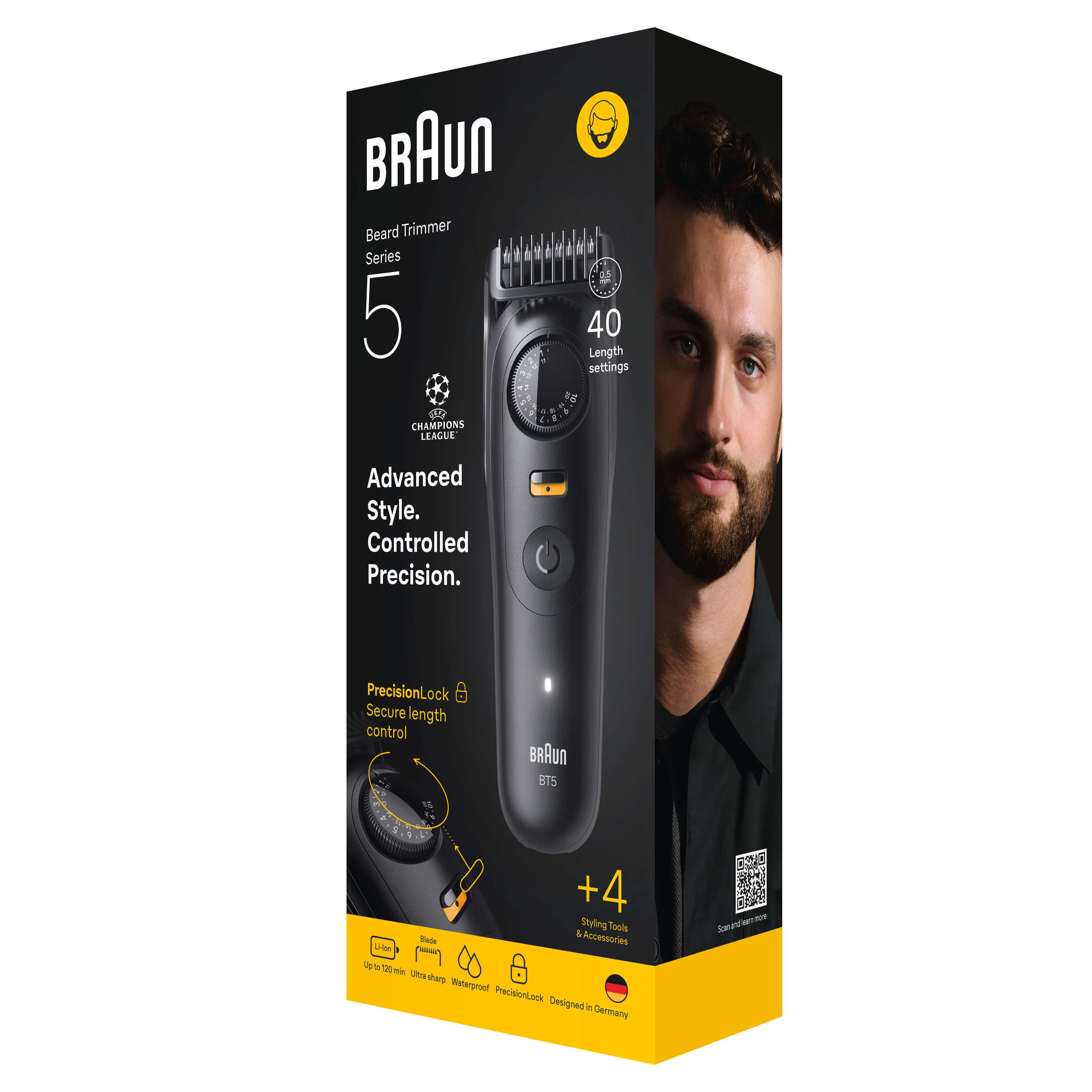 Braun Barttrimmer Serie 5 mit 40 Längeneinstellungen. Mann mit Bart.