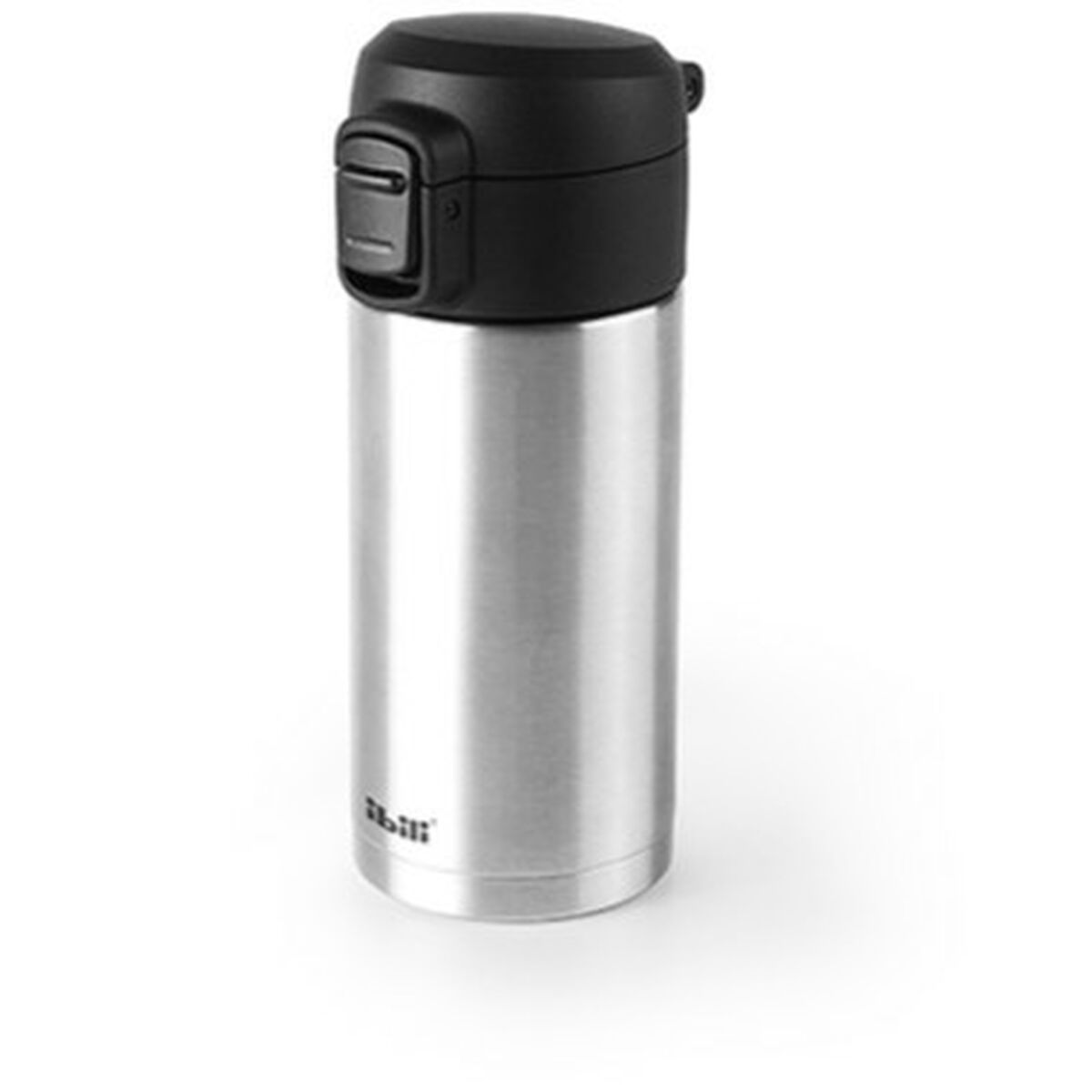 Eine silberne Thermoskanne mit schwarzem Deckel und Griff.