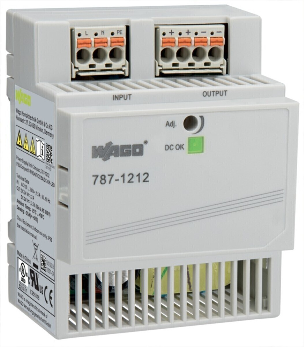 Alimentatore WAGO 787-1212 grigio con terminali di ingresso/uscita e LED verde DC OK.
