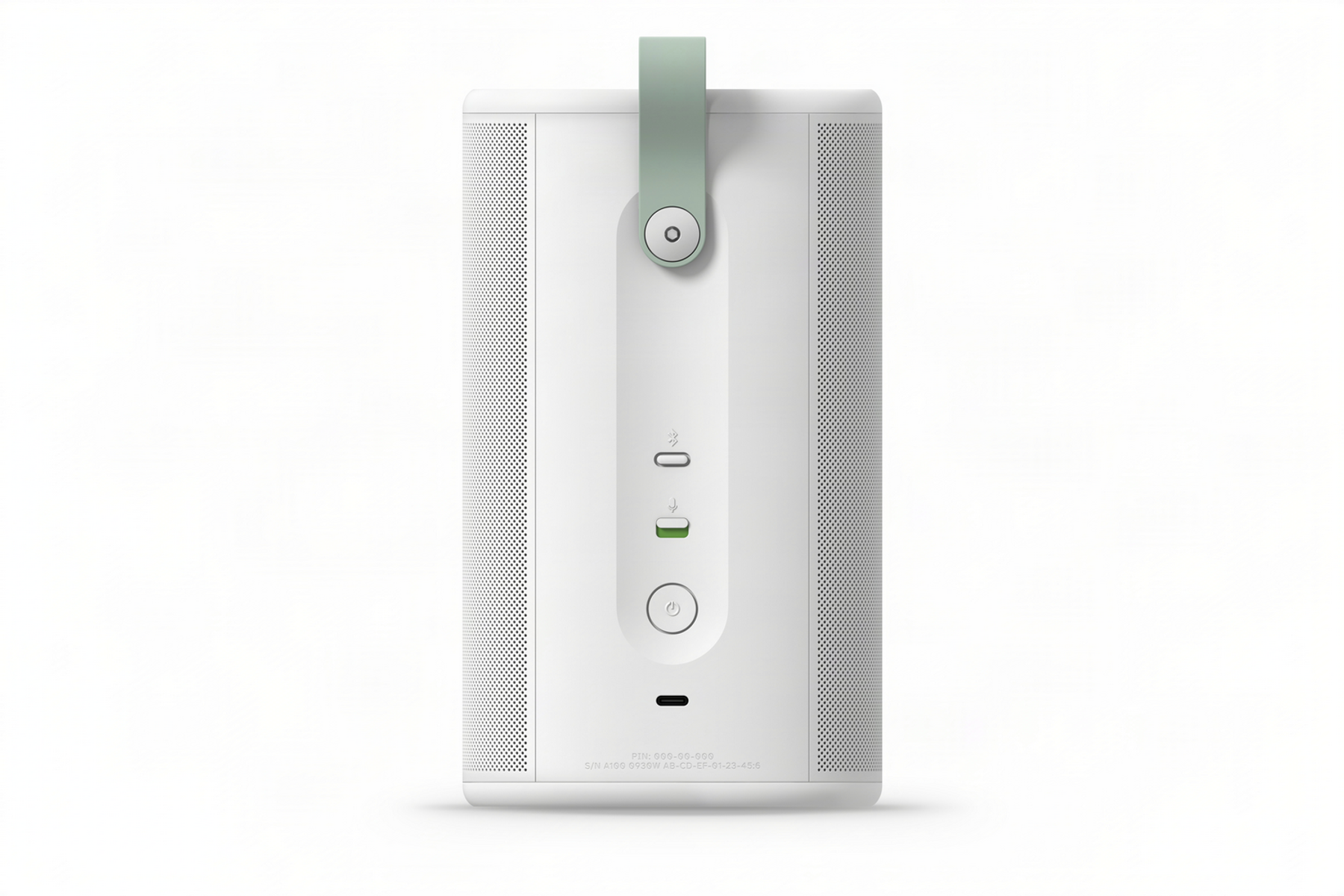 Weiße Box mit grünem Griff, USB-C, Mikrofon, Ein/Aus-Knopf.