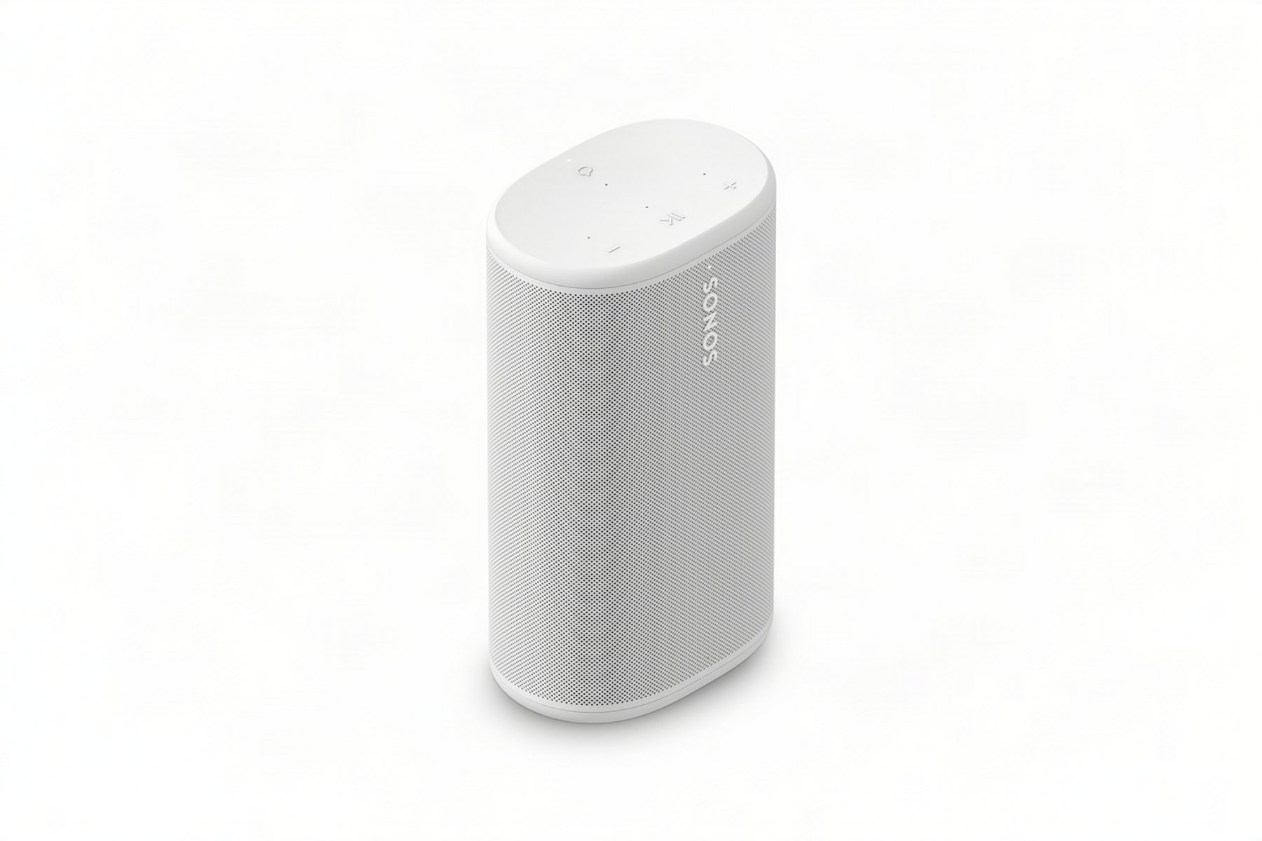 Eine weiße, zylindrische Sonos-Box mit Lautsprechergitter und Bedienelementen oben.