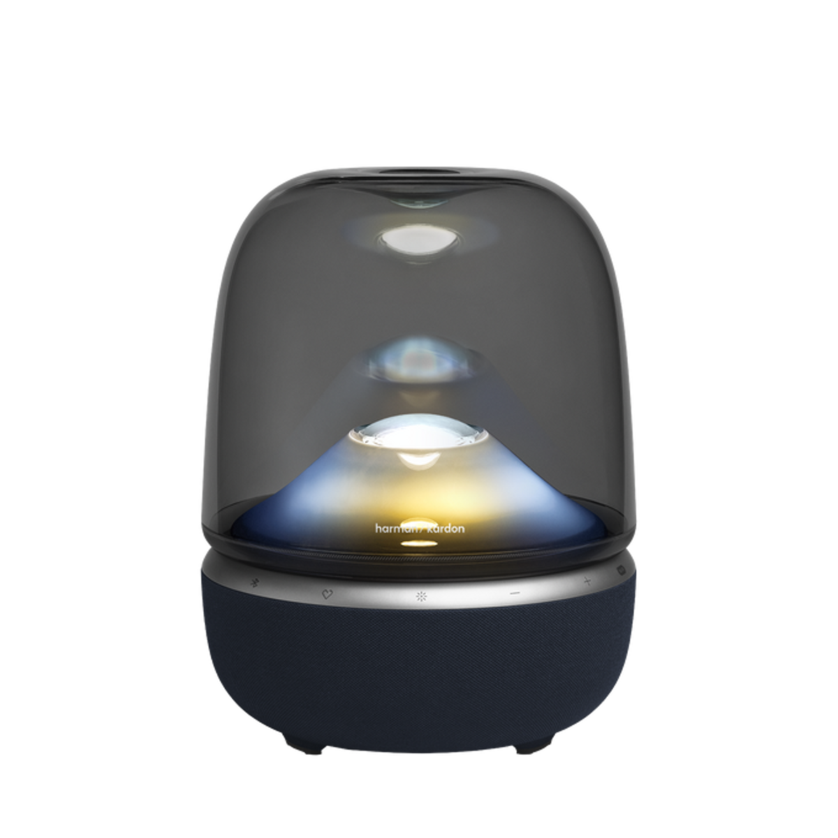 Lampada altoparlante Harman Kardon Aura Studio 4 con base in tessuto blu e cupola in vetro.