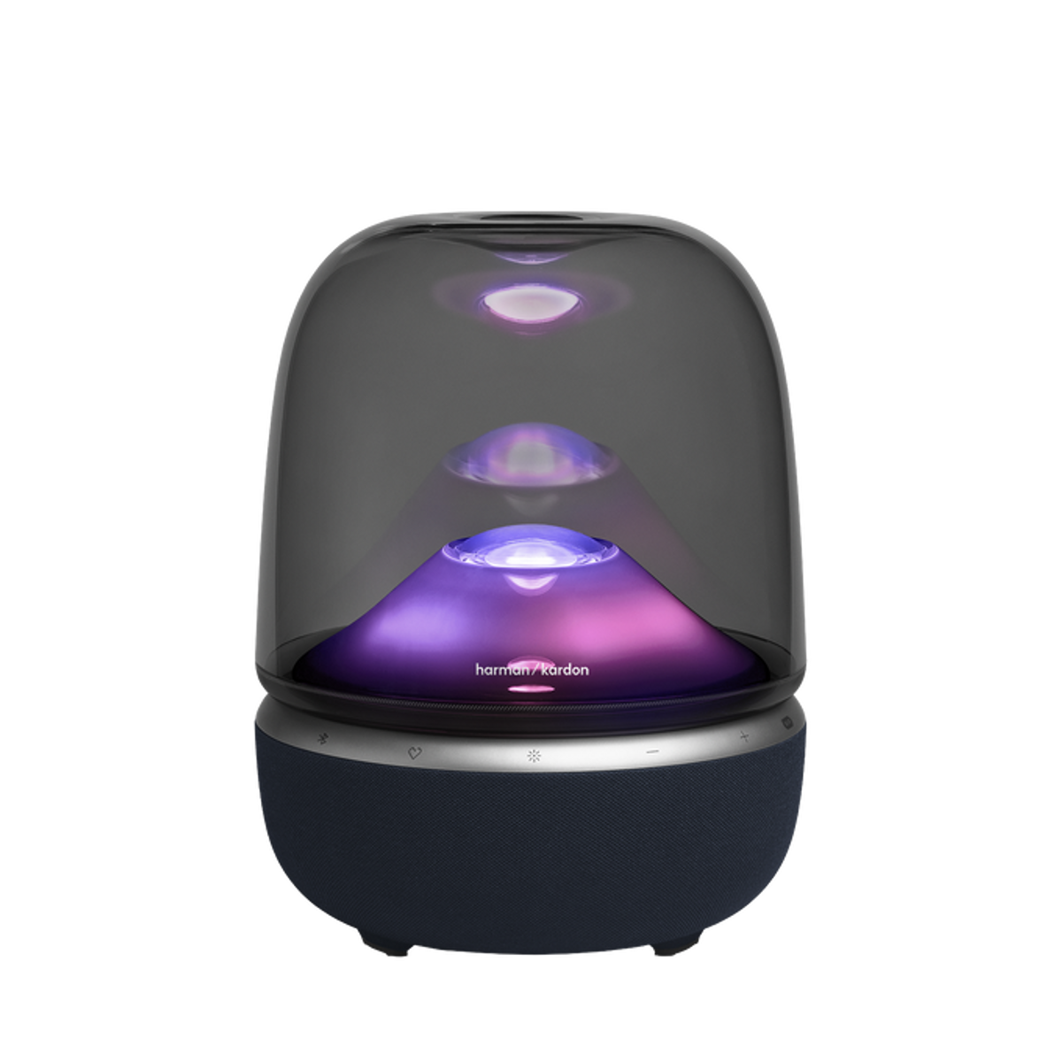 Un altoparlante rotondo e scuro con parte superiore trasparente e luci viola.