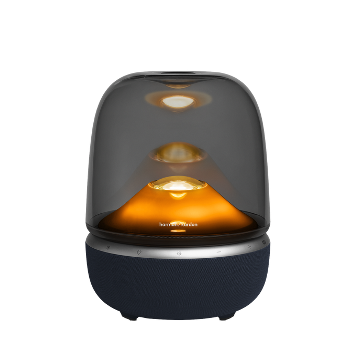 Un altoparlante Harman Kardon Aura Studio 4 con cupola trasparente e bagliore arancione.