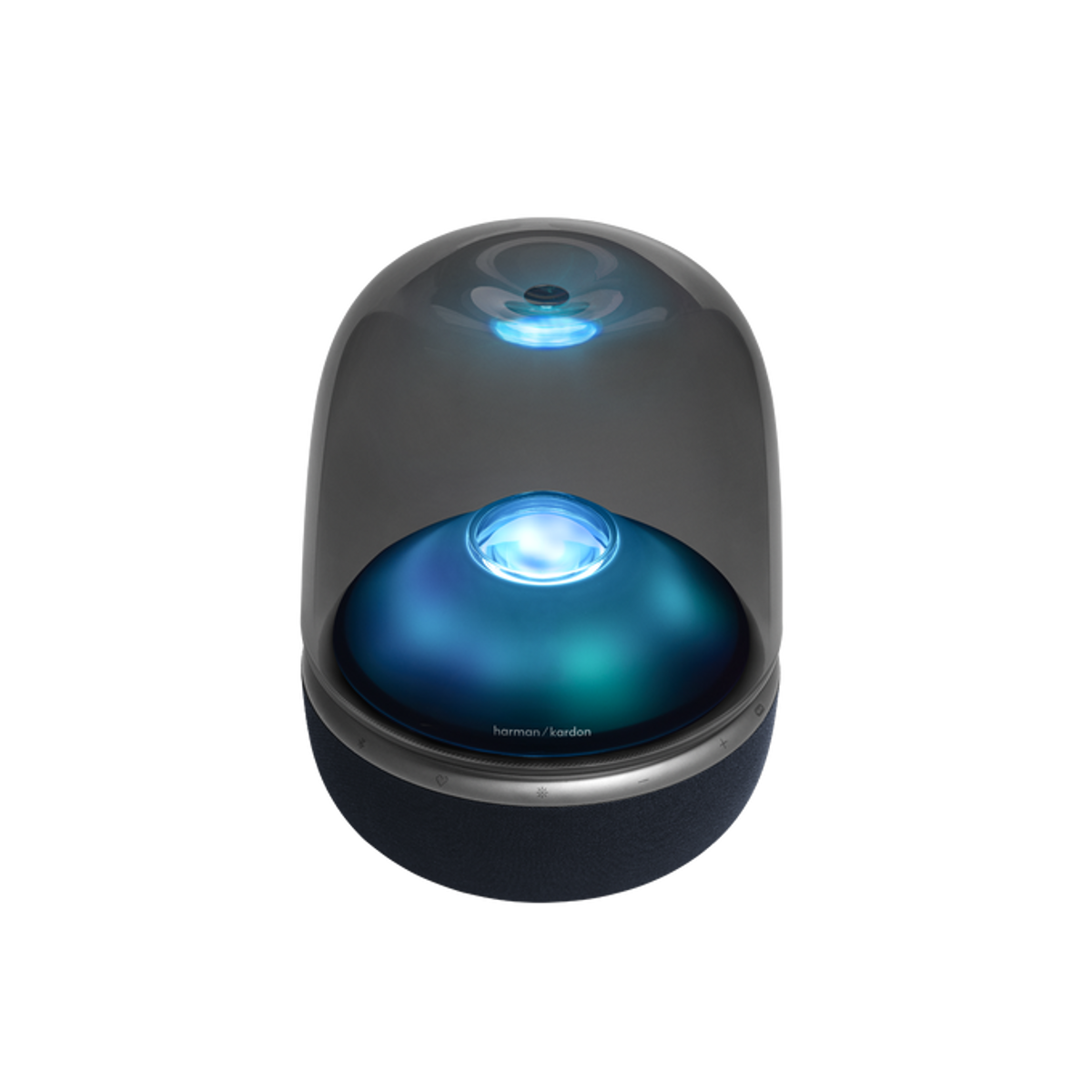 Un altoparlante Harman Kardon con cupola trasparente e luce blu.
