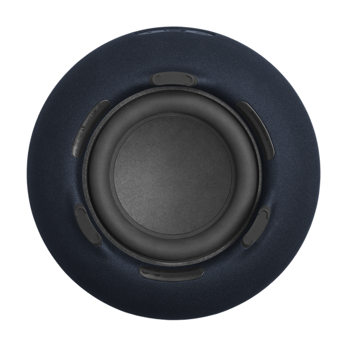 Altoparlante in tessuto blu scuro con subwoofer nero al centro.