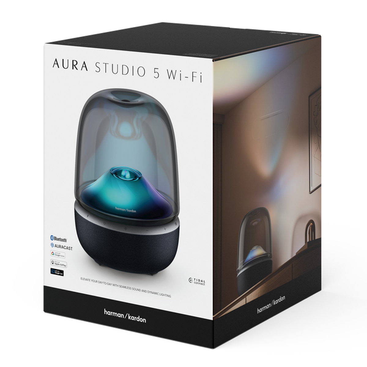 Scatola altoparlante Harman Kardon Aura Studio 5 Wi-Fi con immagine prodotto e scena.