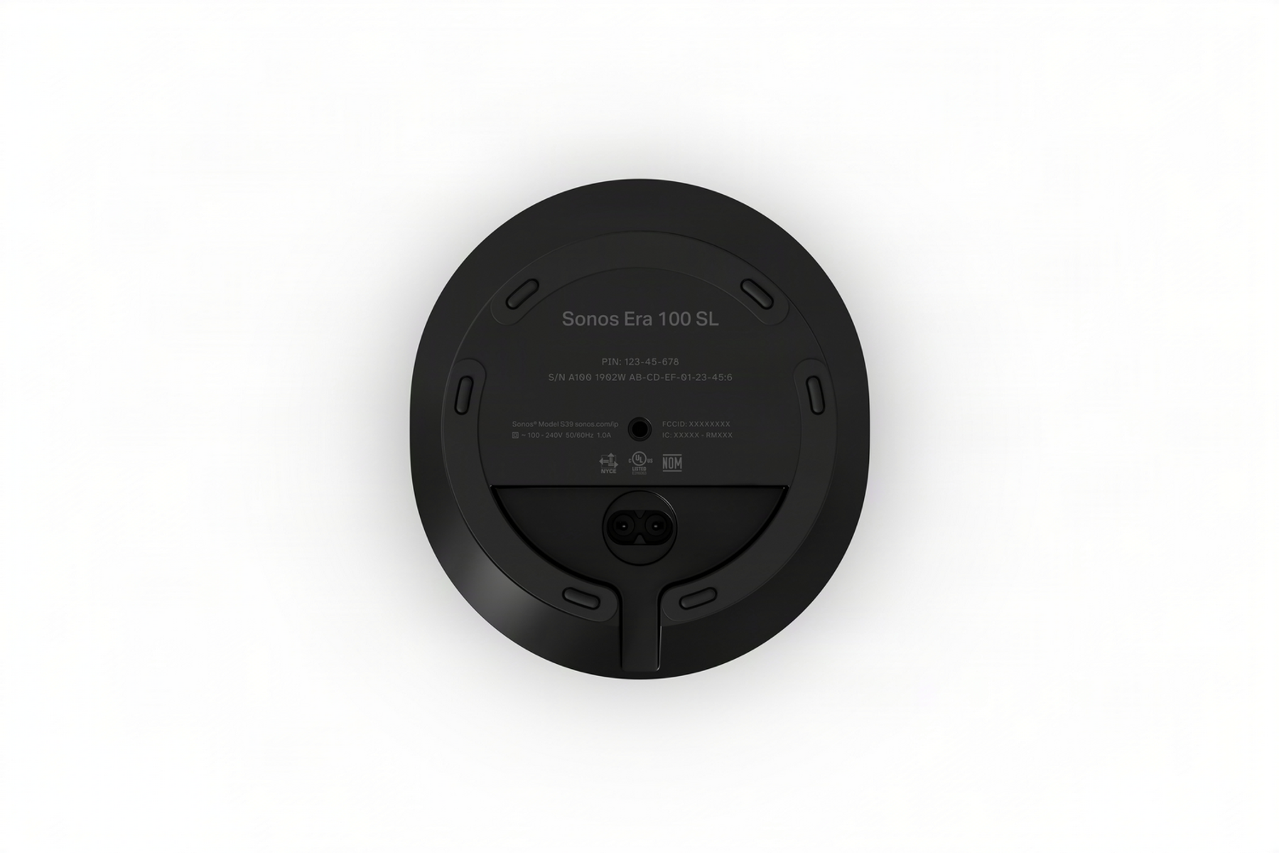 Rückseite eines schwarzen Sonos Era 100 SL mit Beschriftungen und Anschlüssen.