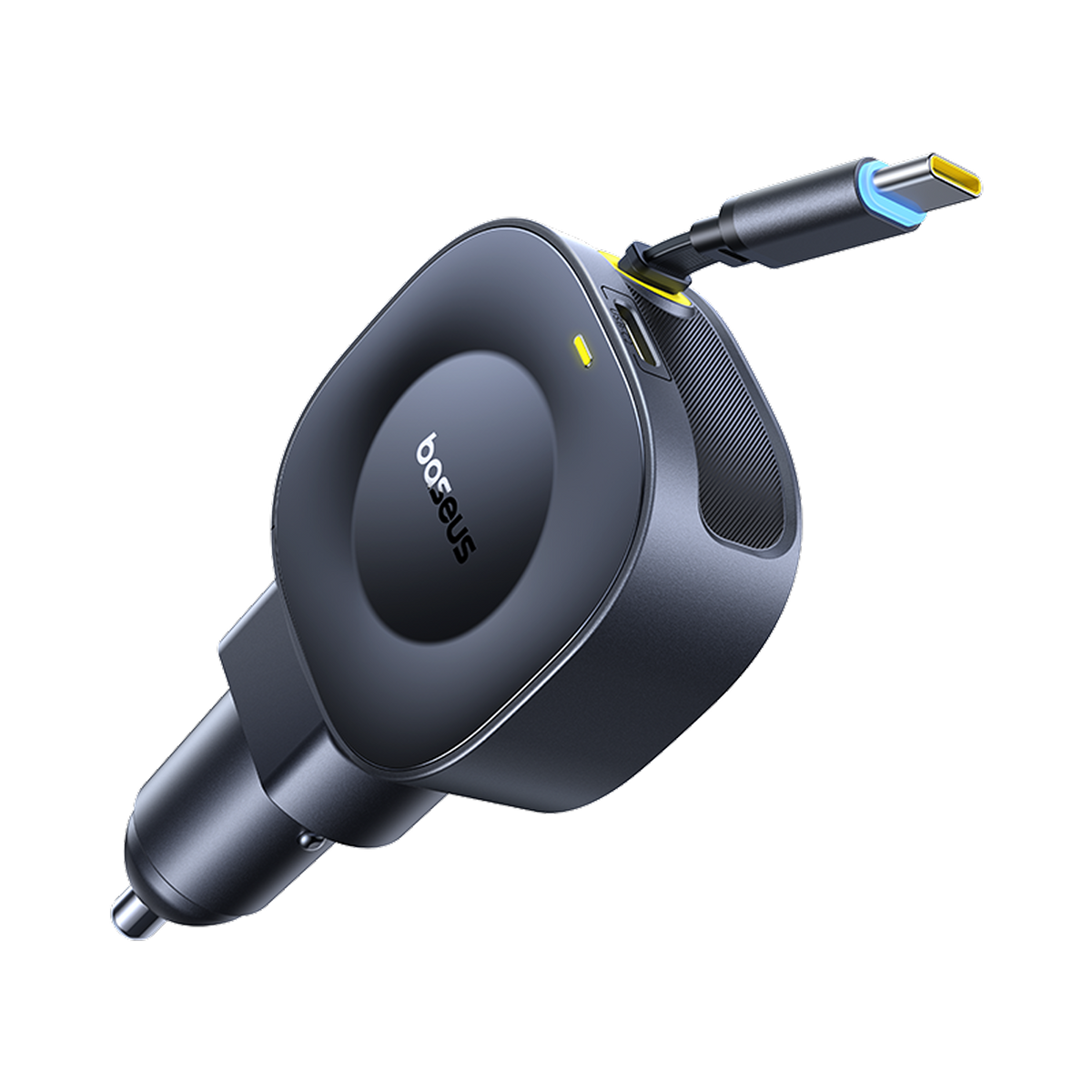 Un caricabatterie per auto scuro con cavo USB-C retrattile e logo Baseus.