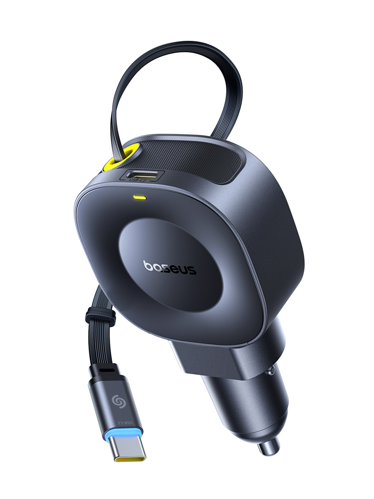 Un caricabatterie per auto Baseus nero con cavo USB-C, su sfondo bianco.