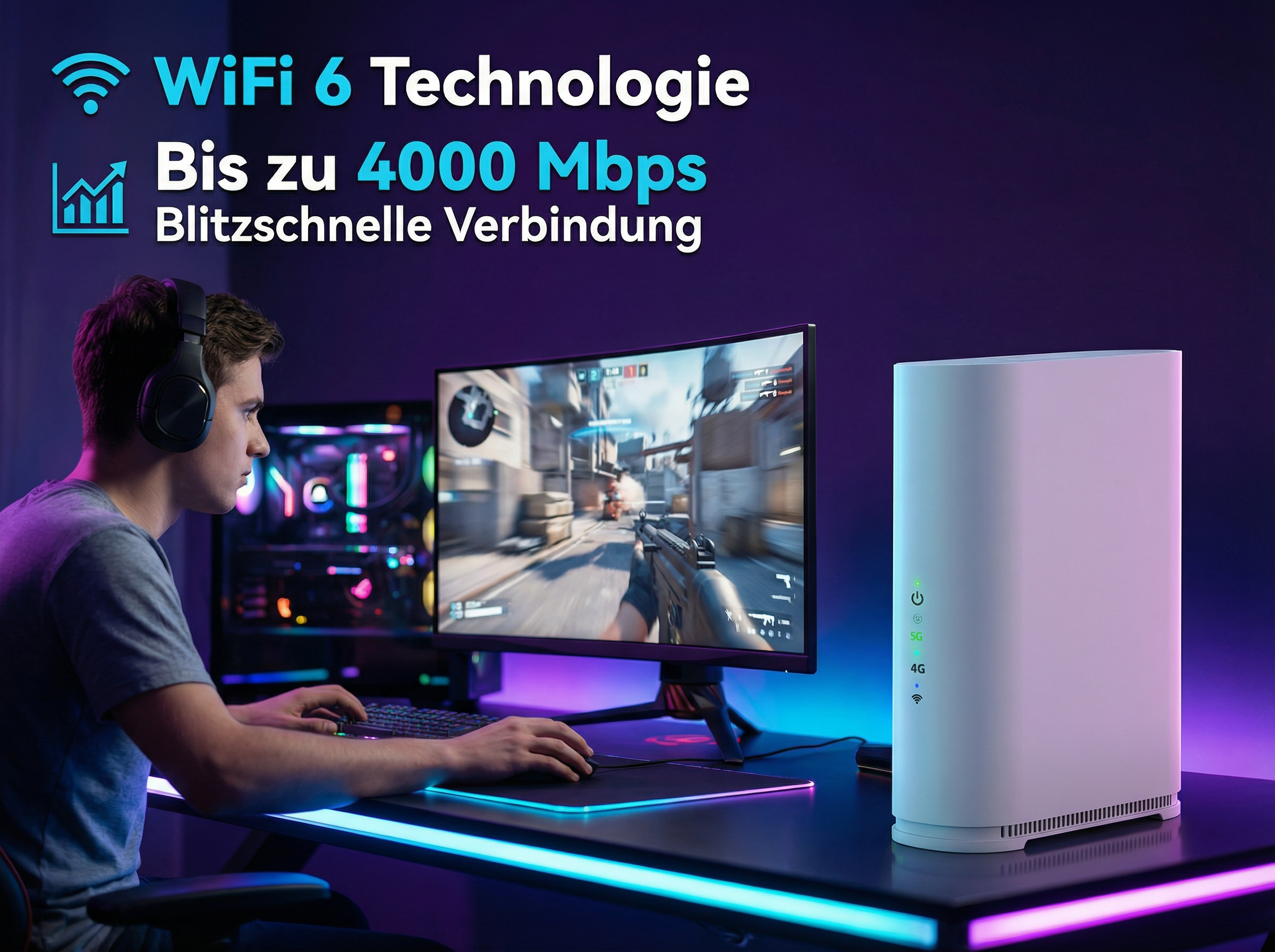 Ein Mann spielt mit Kopfhörern am PC, daneben ein Router. WiFi 6.