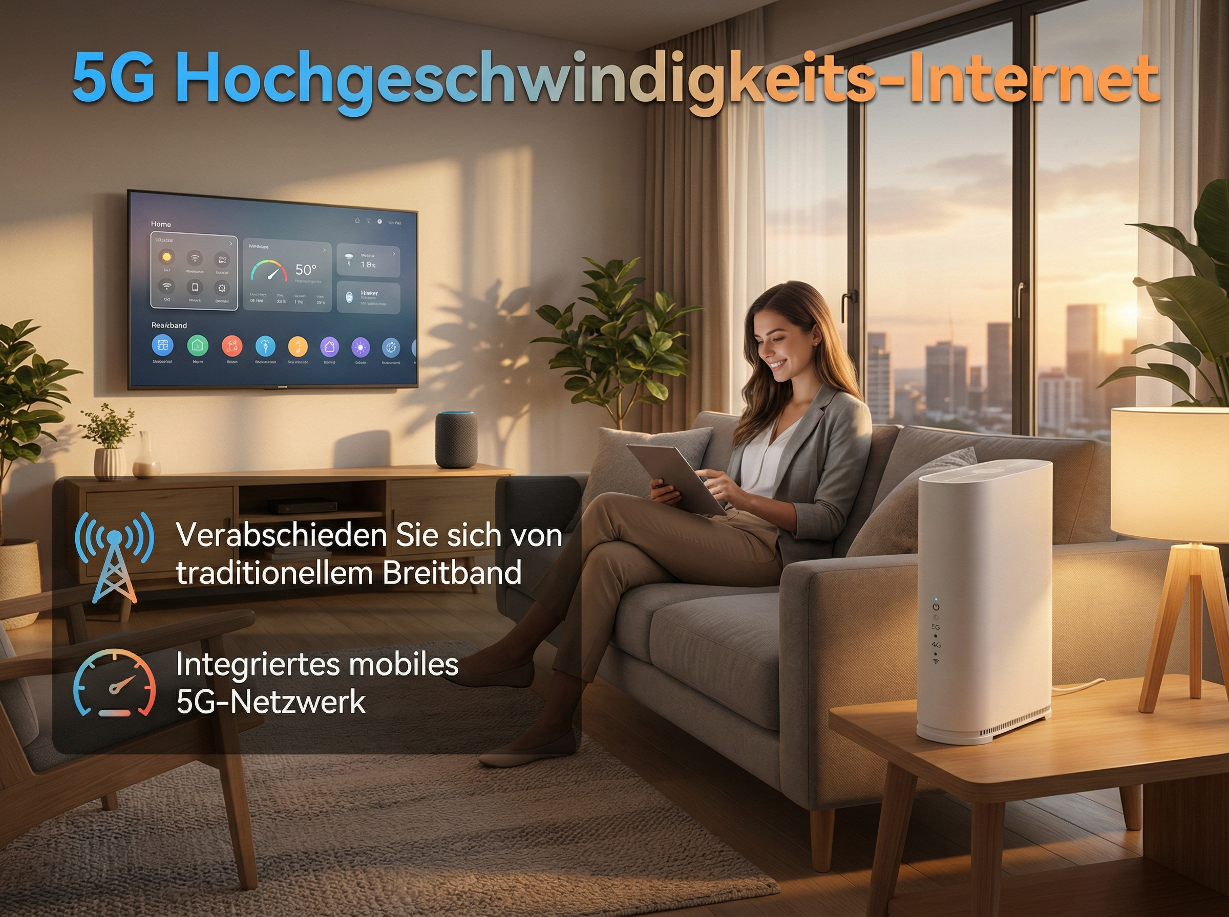 Eine Frau sitzt auf einem Sofa und nutzt ein Tablet. Ein 5G-Router steht auf einem Beistelltisch.
