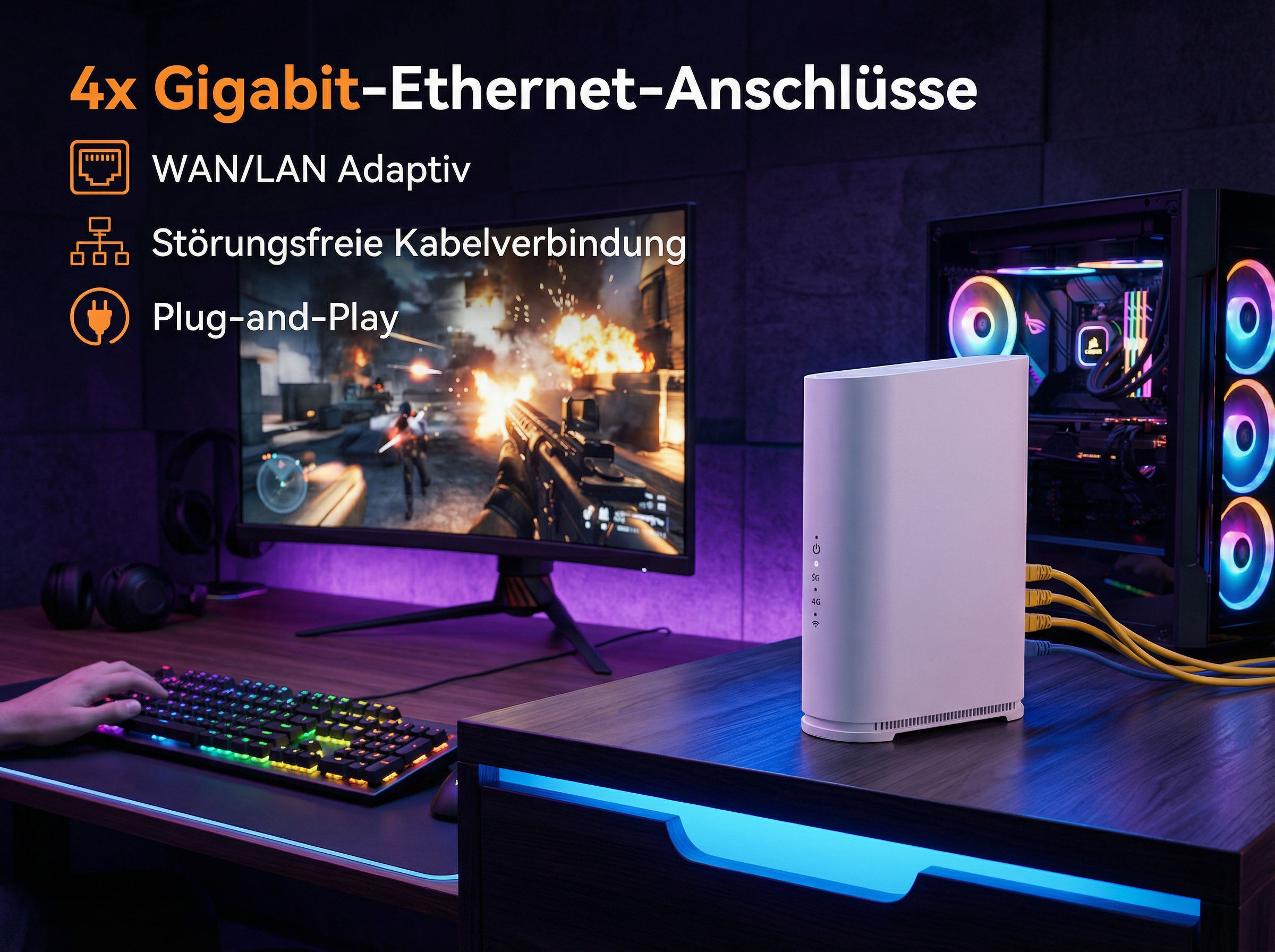 Ein Schreibtisch mit Gaming-Setup: Router, PC, Monitor, Tastatur und Kopfhörer.