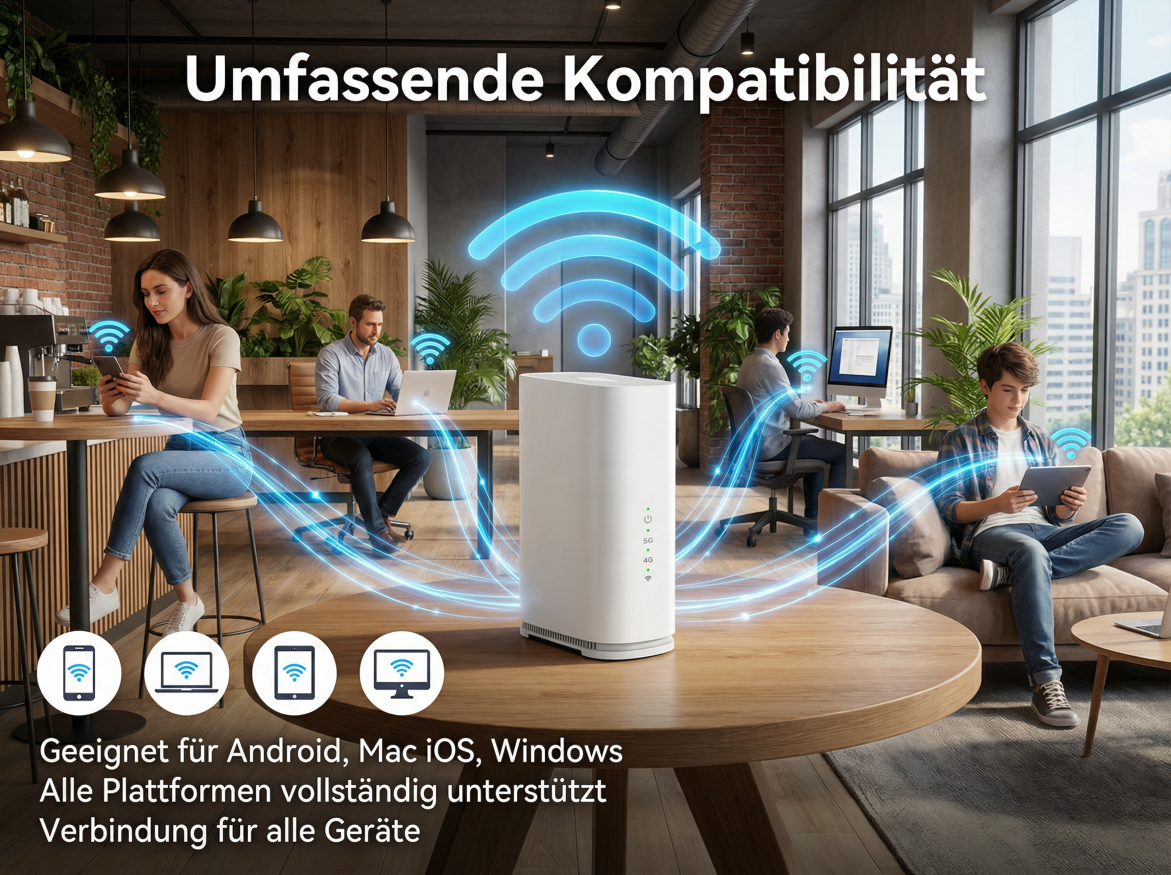 Ein weißer Router verbindet Menschen mit Laptops, Tablets und Smartphones.