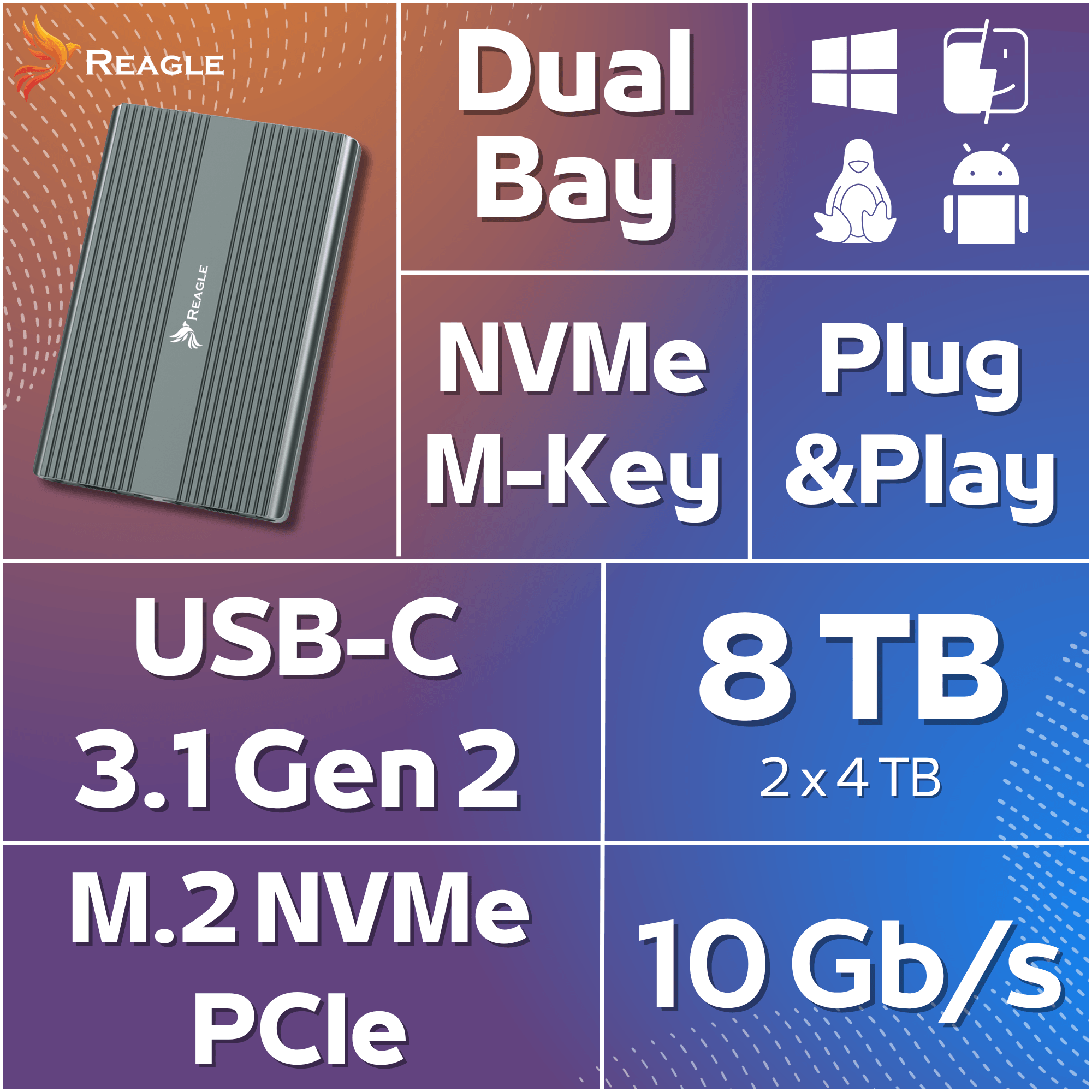 Szara obudowa Dual Bay z logo Reagle, NVMe, USB-C 3.1 Gen 2, 8 TB.