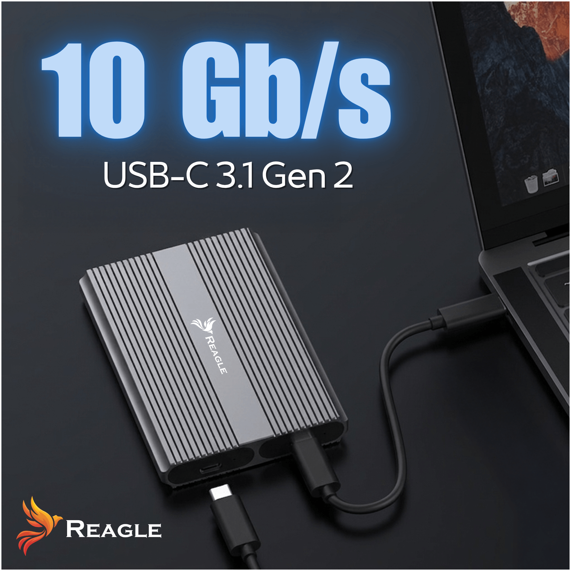 Zewnętrzny dysk SSD Reagle podłączony do laptopa przez USB-C 3.1 Gen 2.