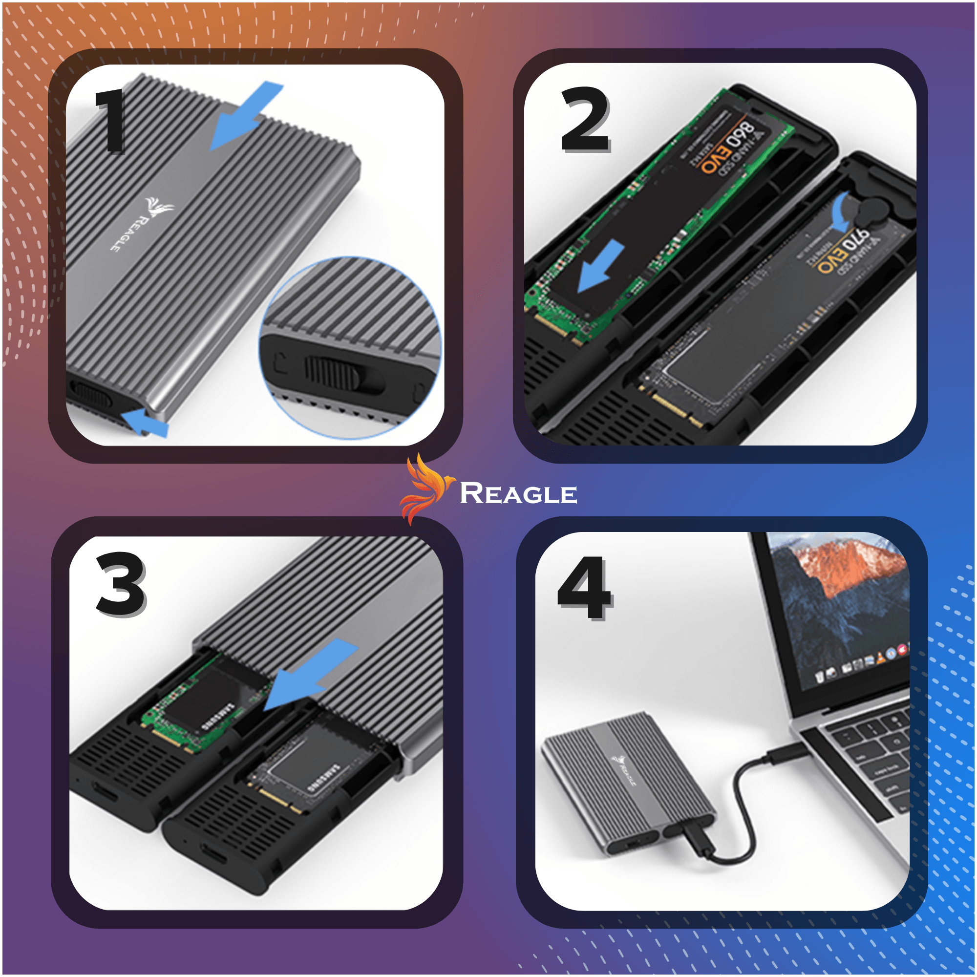 Instrukcja wkładania dysku SSD M.2 do obudowy zewnętrznej.