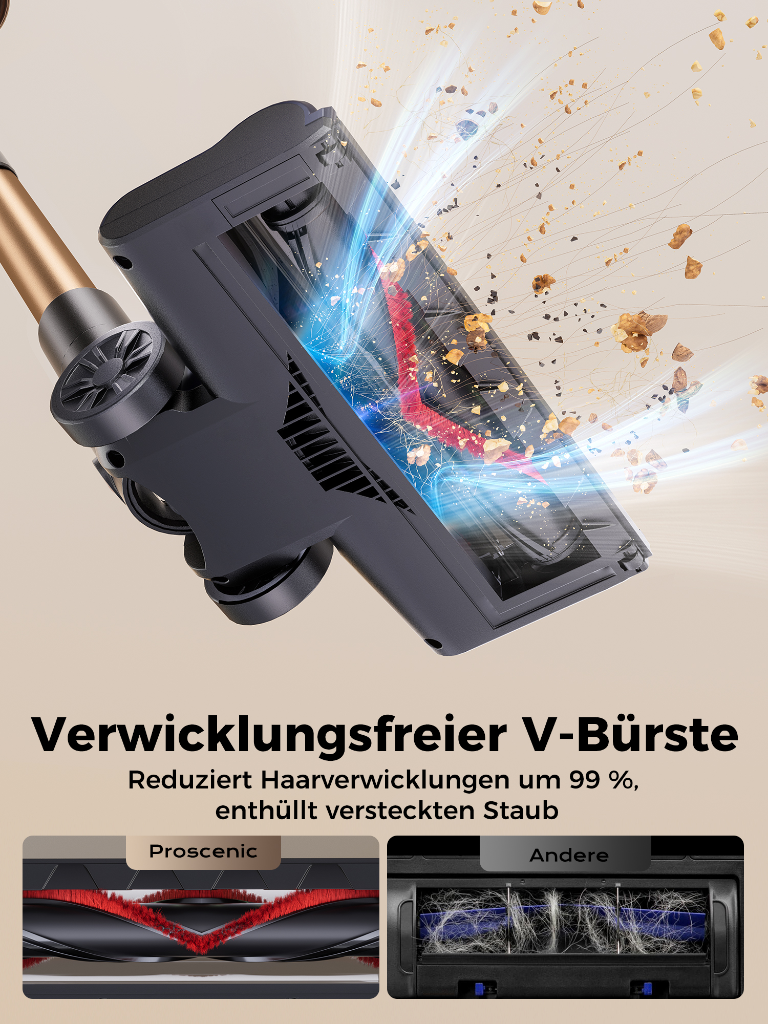 Staubsaugerbürste mit V-Form, die Haare reduziert und Staub aufnimmt.