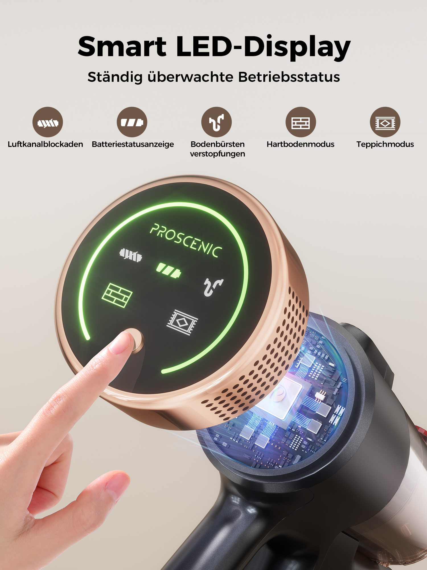 Nahaufnahme eines Staubsaugergriffs mit leuchtendem LED-Display, das Modi anzeigt.
