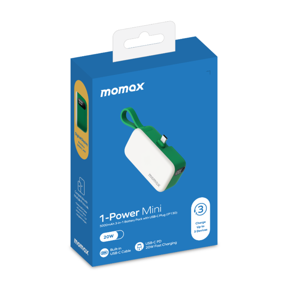 MOMAX IP130 Power Dahili Kablolu ve Katlanabilir Type-C Portlu 5000 mAh mAh Powerbank Yeşil