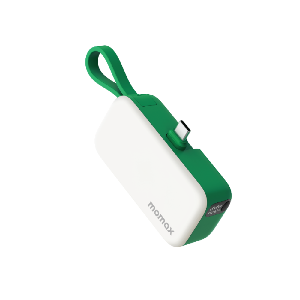 USB-C bağlantı noktalı ve halkalı beyaz ve yeşil powerbank.