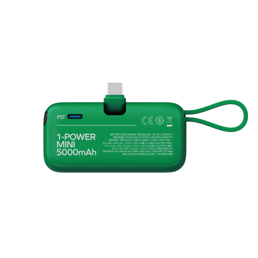 Entegre USB-C kablolu ve kordonlu yeşil 5000mAh powerbank.