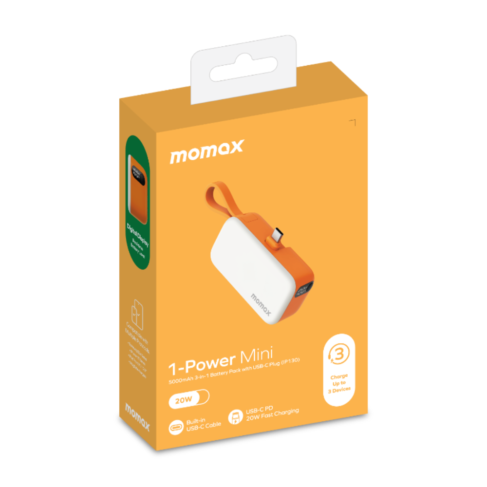 Turuncu ve beyaz Momax 1-Power Mini taşınabilir şarj cihazı kutusu ürün resmiyle.