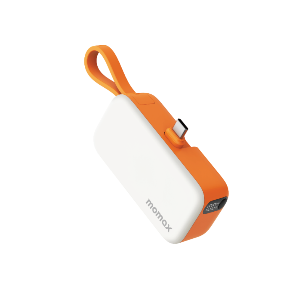 Turuncu ve beyaz renkli, USB-C bağlantılı ve askılı powerbank.