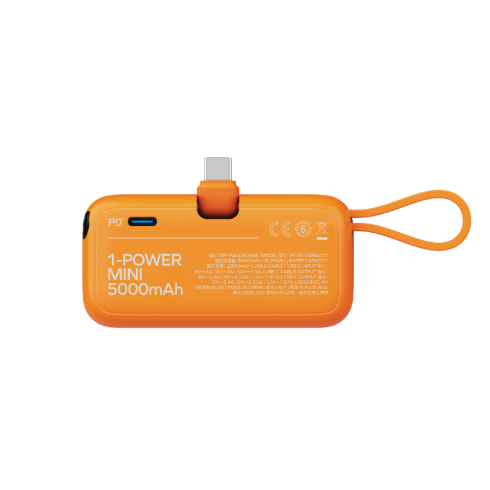 Entegre USB-C kablolu turuncu 5000mAh powerbank ve halka.