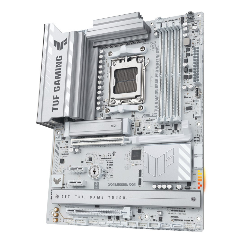 Biała płyta główna TUF Gaming z srebrnymi radiatorami i czarnym gniazdem CPU.