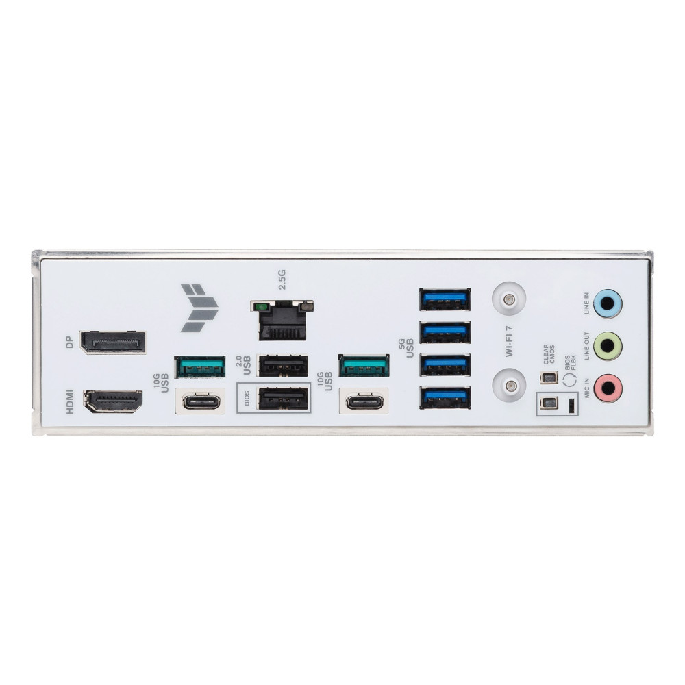 Biała płyta główna z portami: HDMI, DP, USB, Ethernet 2.5G, Wi-Fi 7.