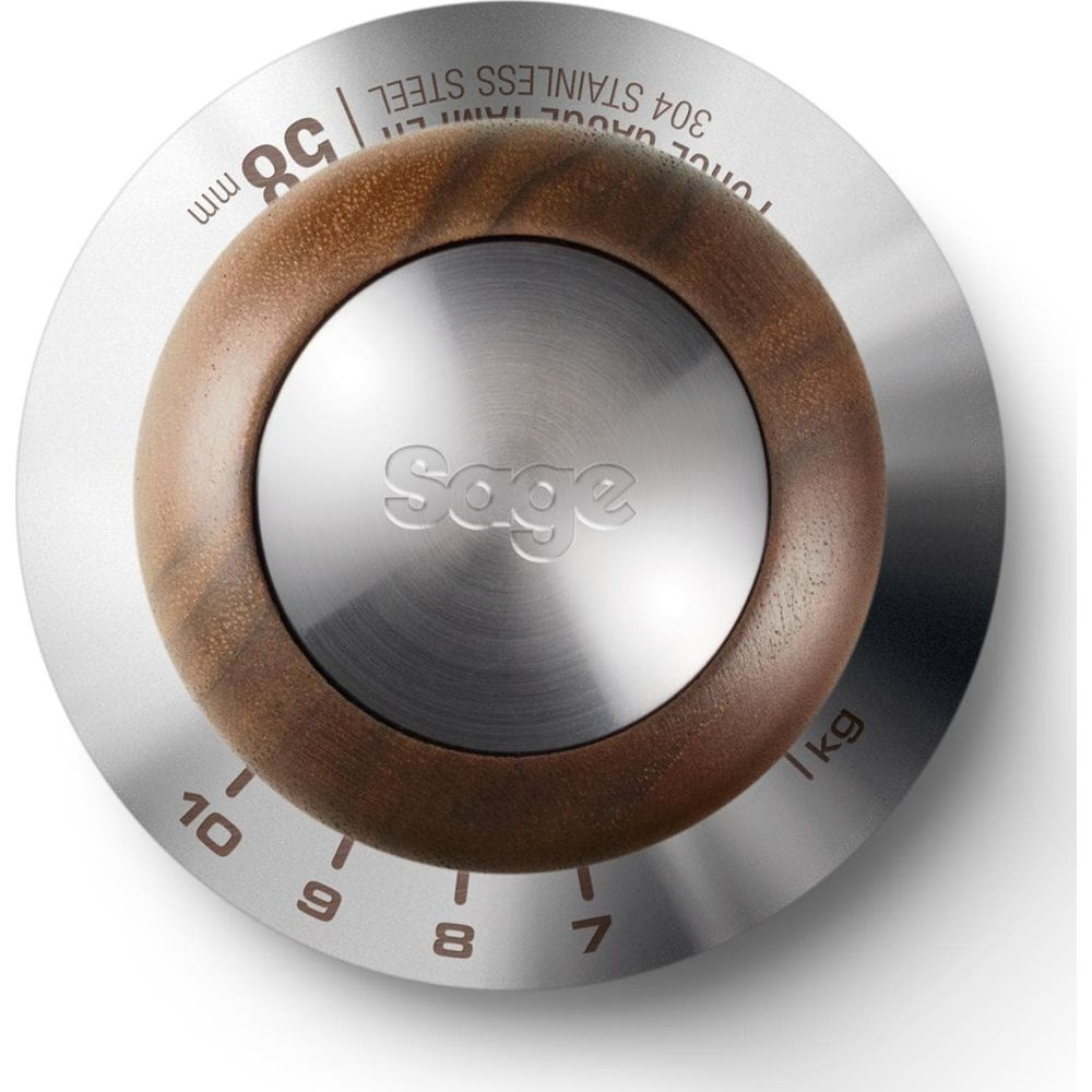 Ein metallischer Knopf mit Holzgriff und Markierungen für 58 mm und 1 kg.