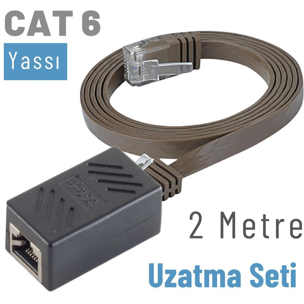 IRENIS 2 Metre CAT6 Kablo Uzatma Seti, Yassı Ekleyici ve Ethernet Bağlantı Kablosu Kahverengi