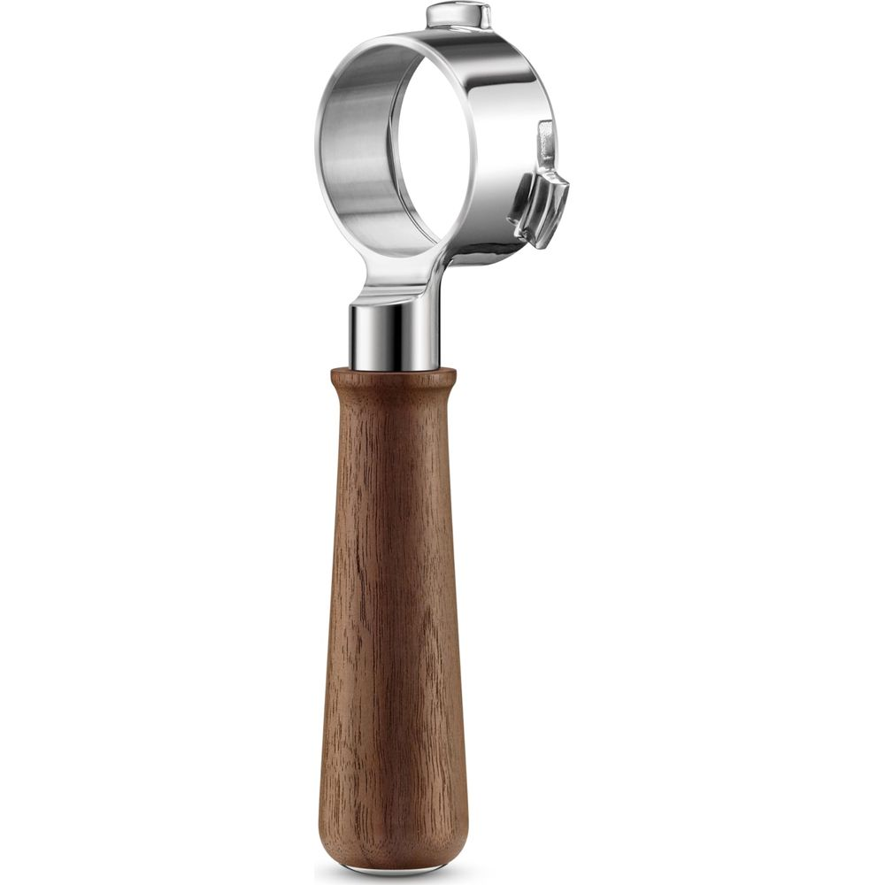 Ein Siebträger für Espressomaschinen mit Holzgriff und Metallkopf.