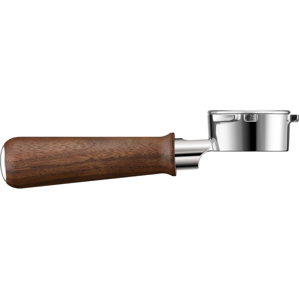 Espressosiebträger mit Holzgriff und glänzendem Metallkorb.