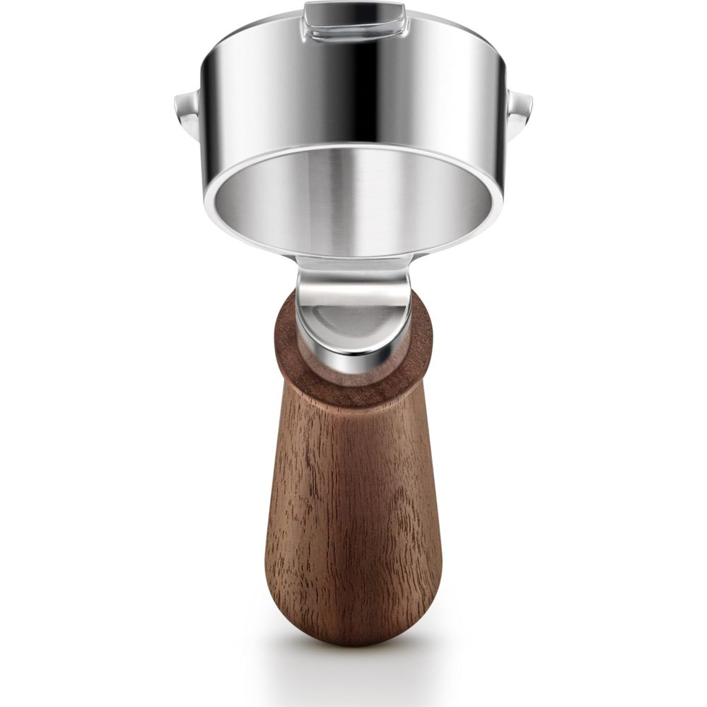Eine Siebträger-Kaffeemaschine mit Holzgriff, aus Metall.
