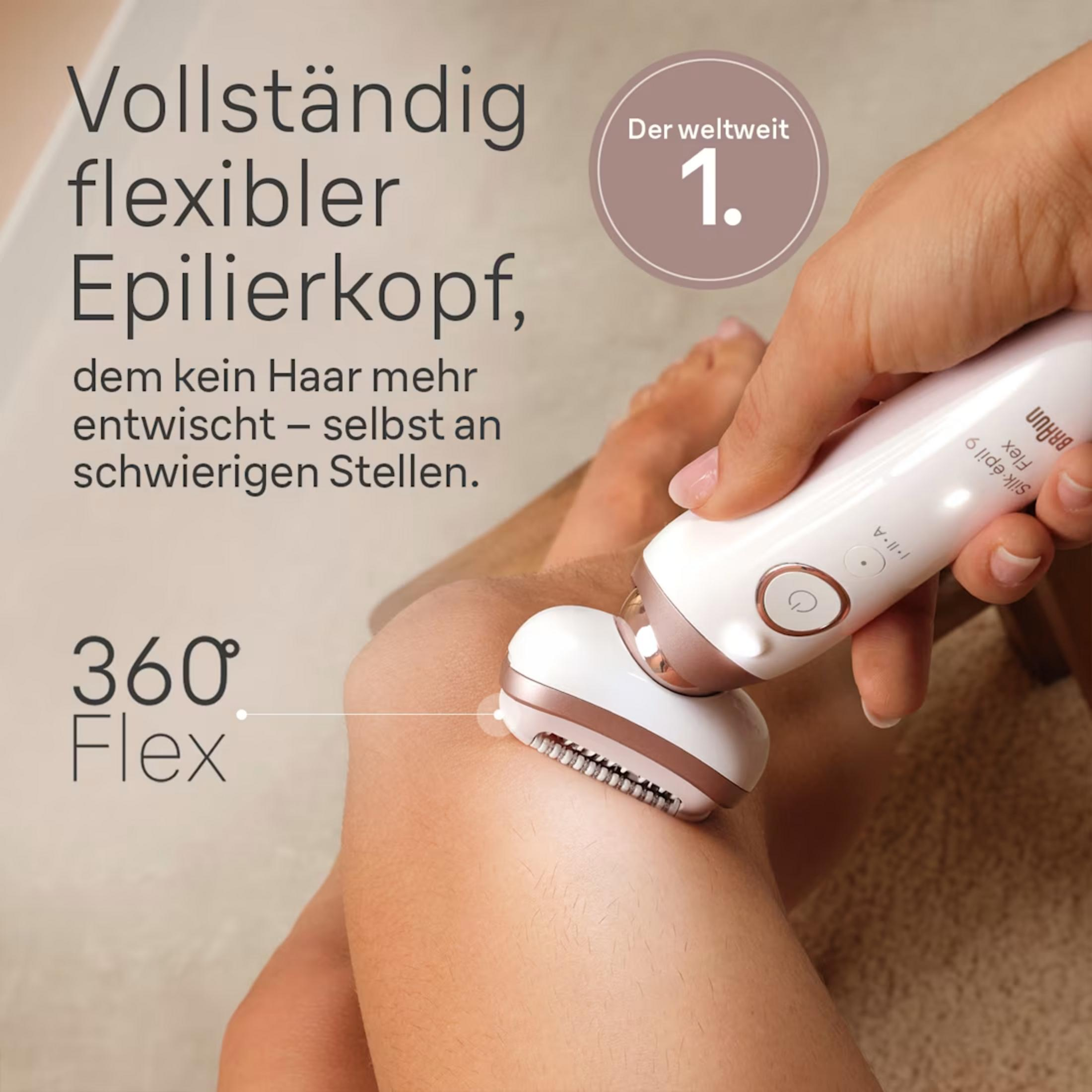 Beyaz bir epilatör bir kişinin bacağında kullanılıyor. Metin 360° Flex özelliğini vurguluyor.