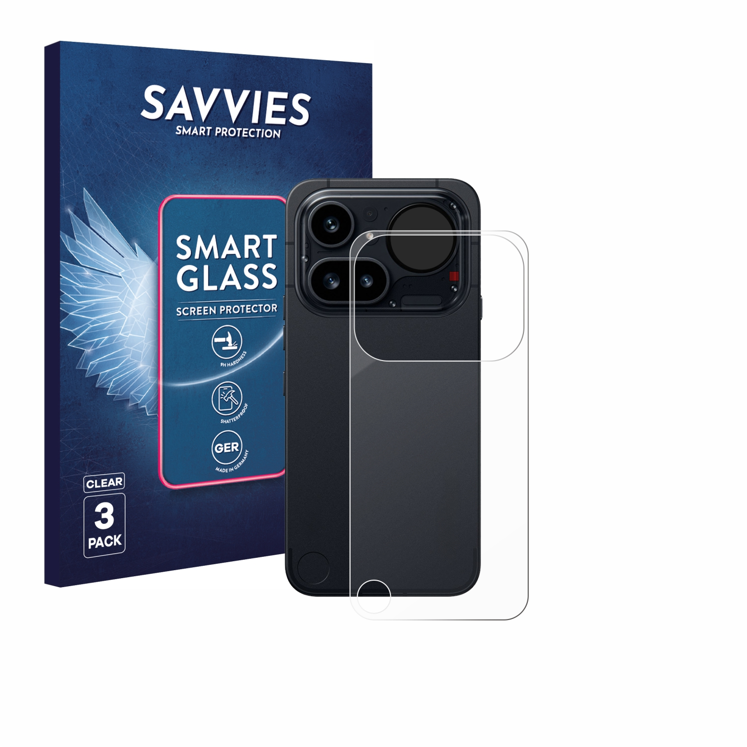 Savvies Displayschutzfolie 3er-Pack für iPhone. Enthält Schutzfolie und Handy.