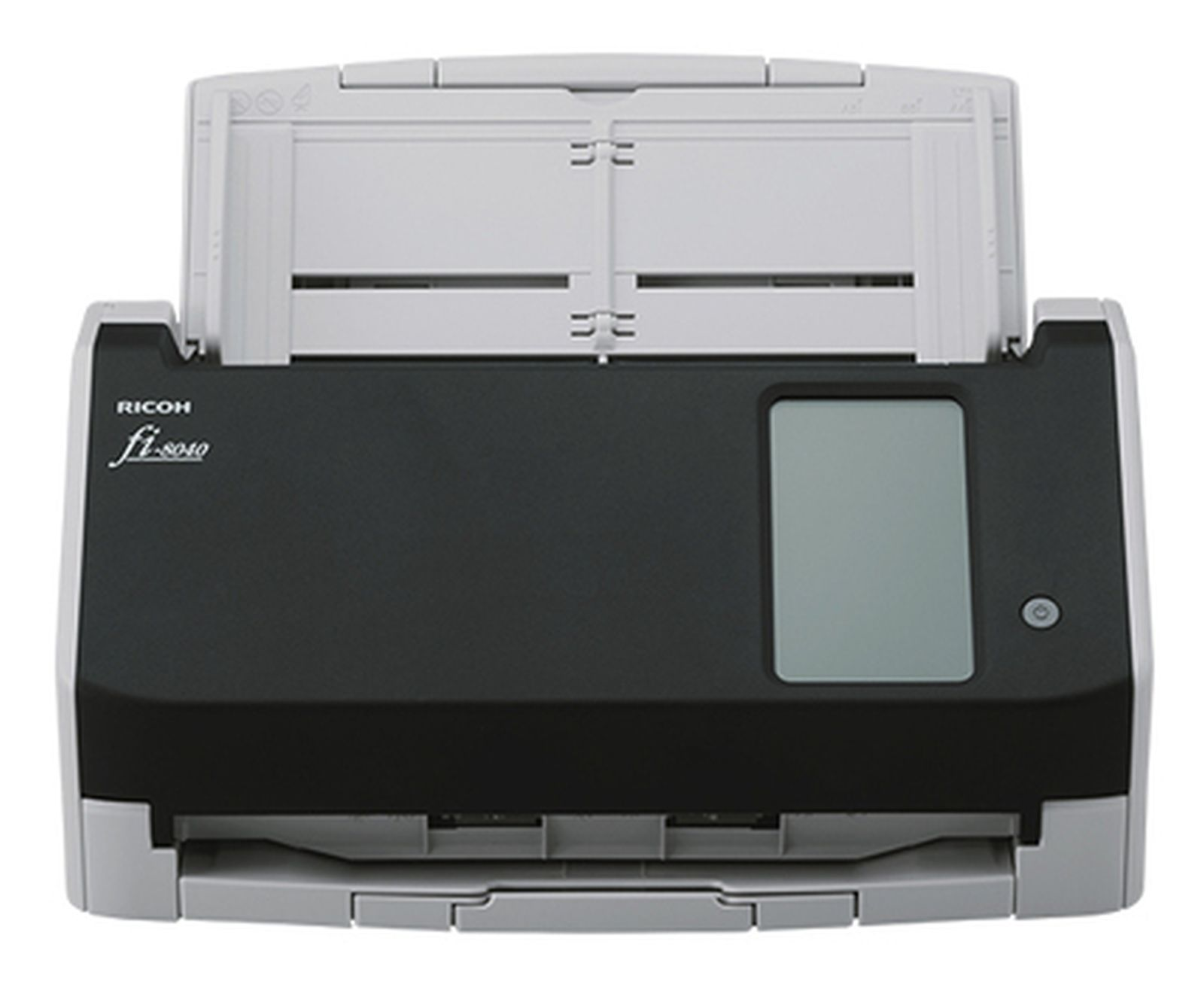 Skaner Ricoh fi-8040 szary i czarny z wyświetlaczem i otwartą tacą podajnika.