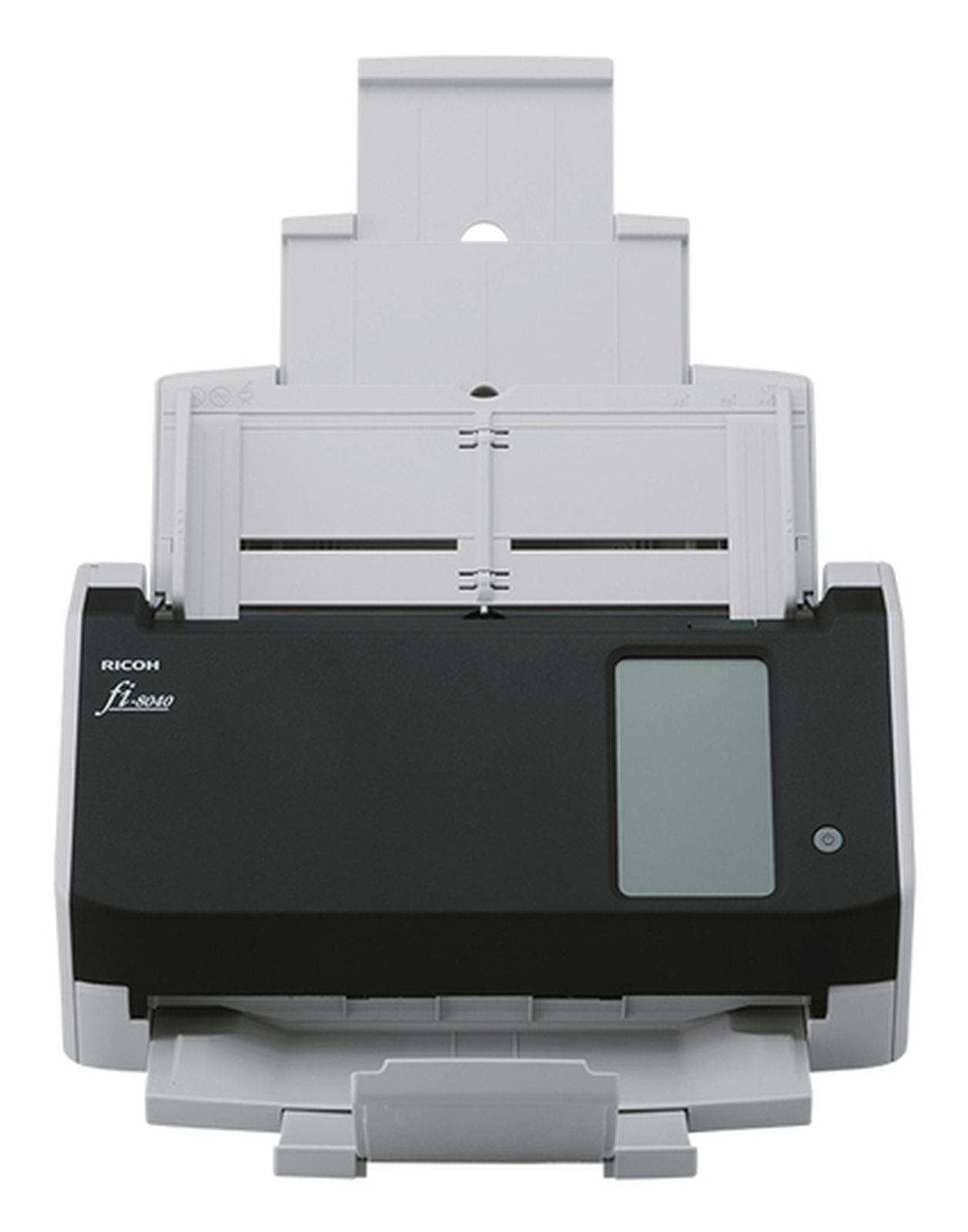 Biały skaner Ricoh fi-8040 z czarnym korpusem i szarym ekranem LCD.