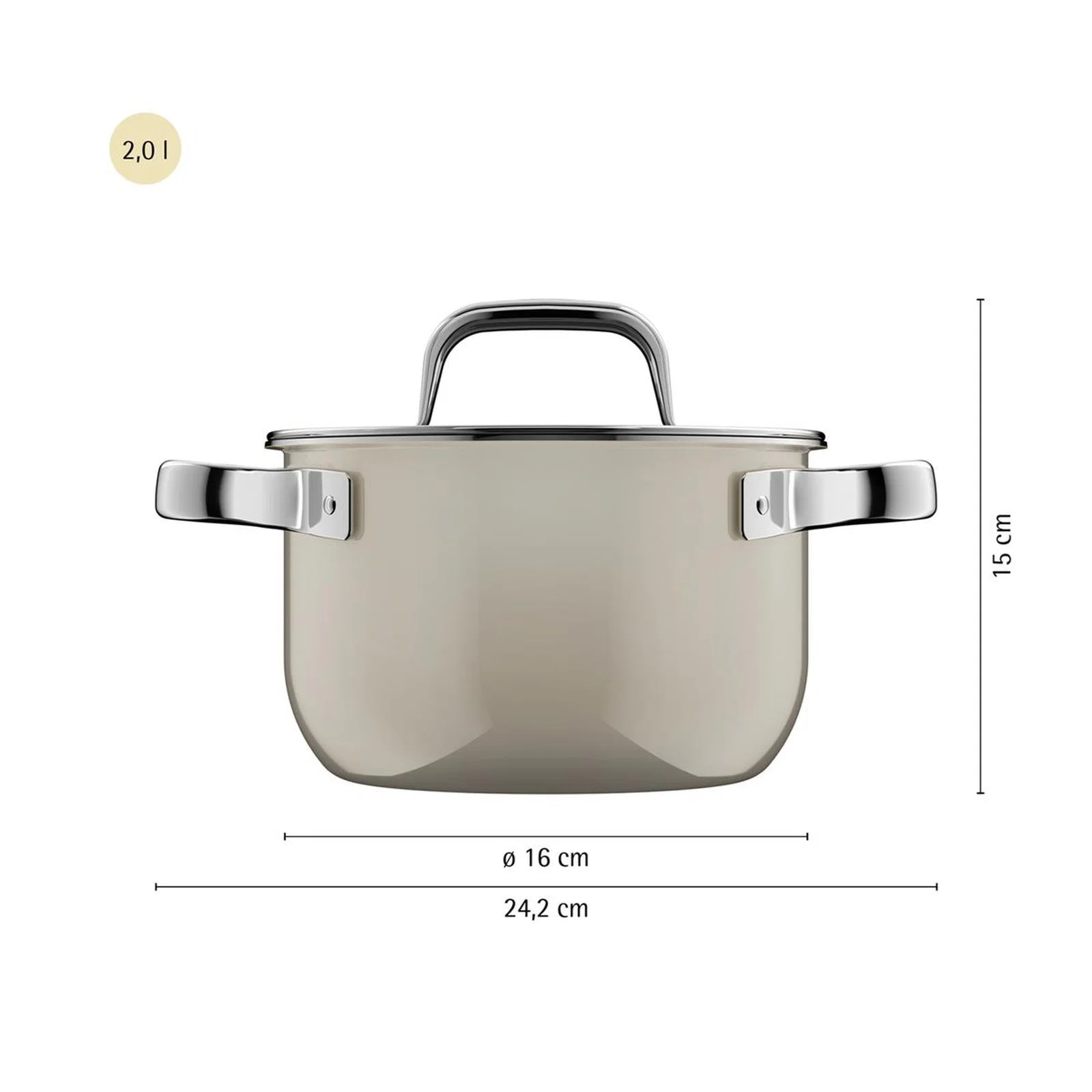 Kapaksız bej tencere, 2,0 L, 16 cm çap, 15 cm yükseklik.