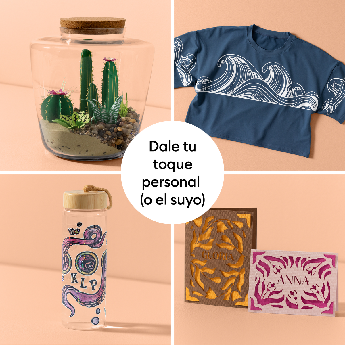 Cuatro productos: Terrario, camiseta, botella de agua, tarjetas. Con diseños de olas, pulpo y plantas.