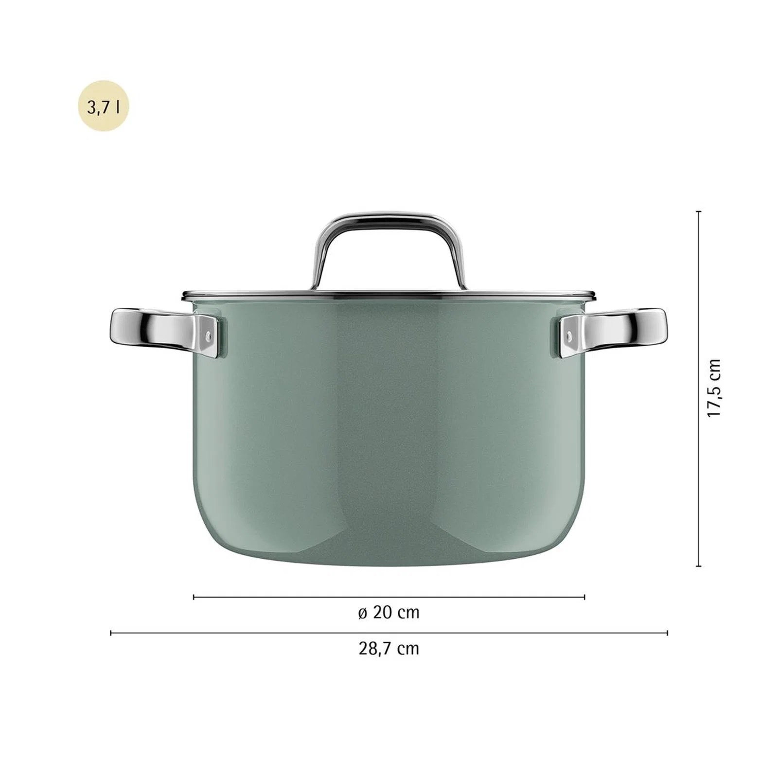 Gümüş saplı yeşil tencere. Boyutlar: 3,7L, 20cm Çap, 17,5cm Yükseklik.