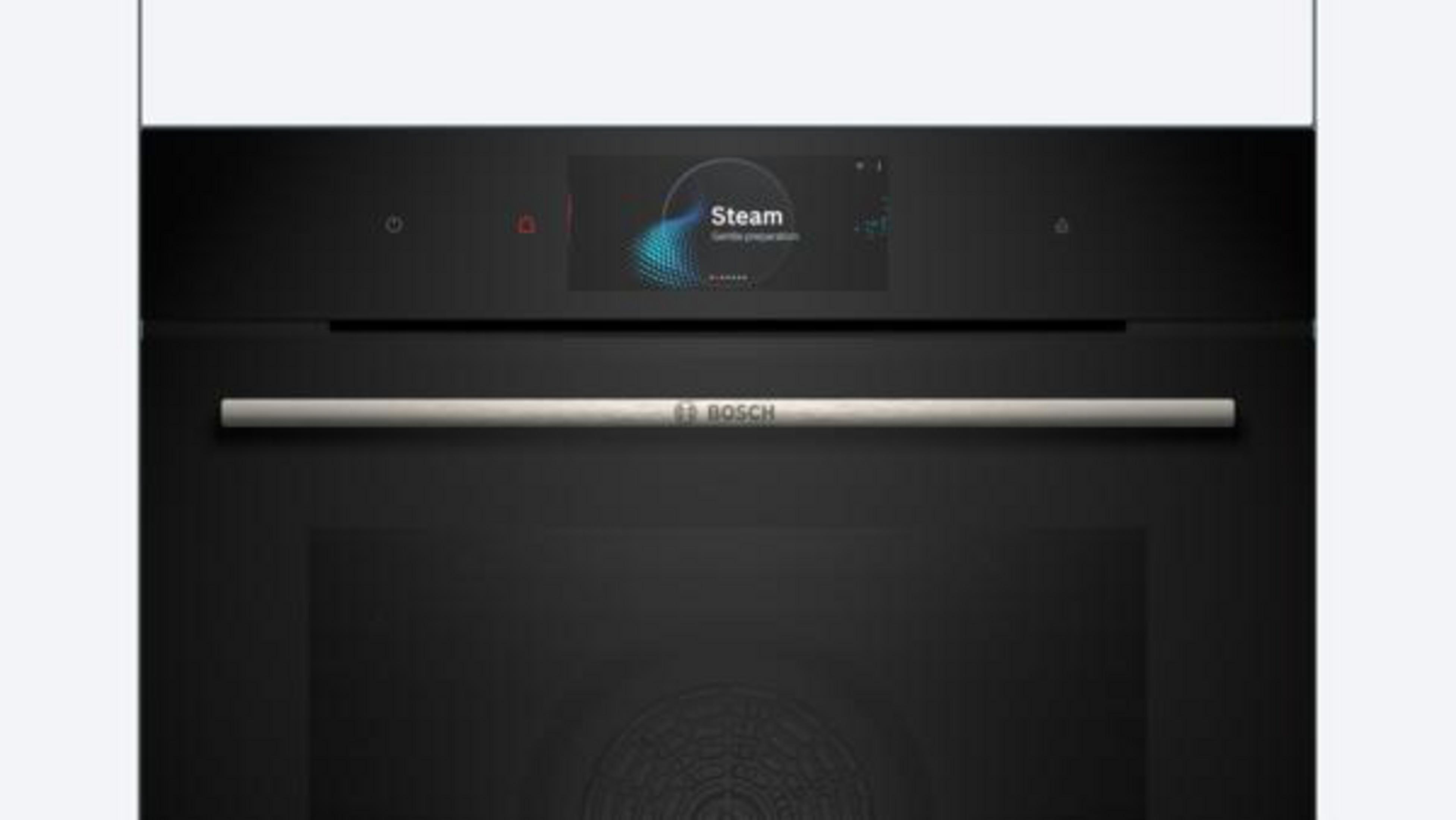 Schwarzer Backofen mit Touchscreen, der 'Steam' anzeigt, und einem silbernen Griff.