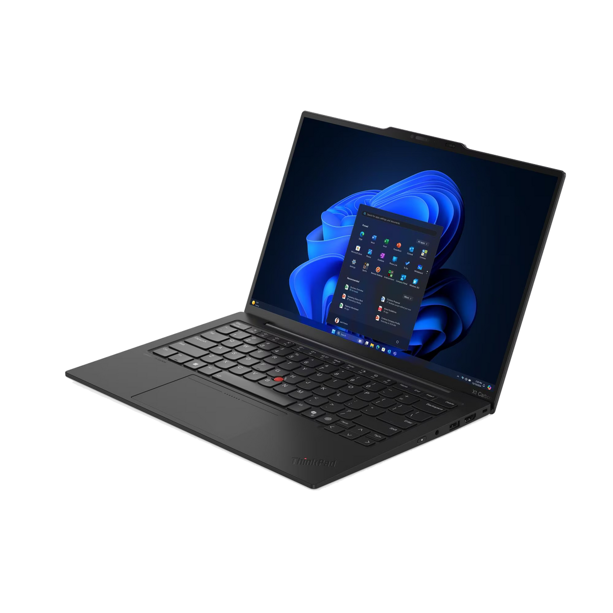 Laptop nero con schermo aperto che mostra il menu Start di Windows 11.