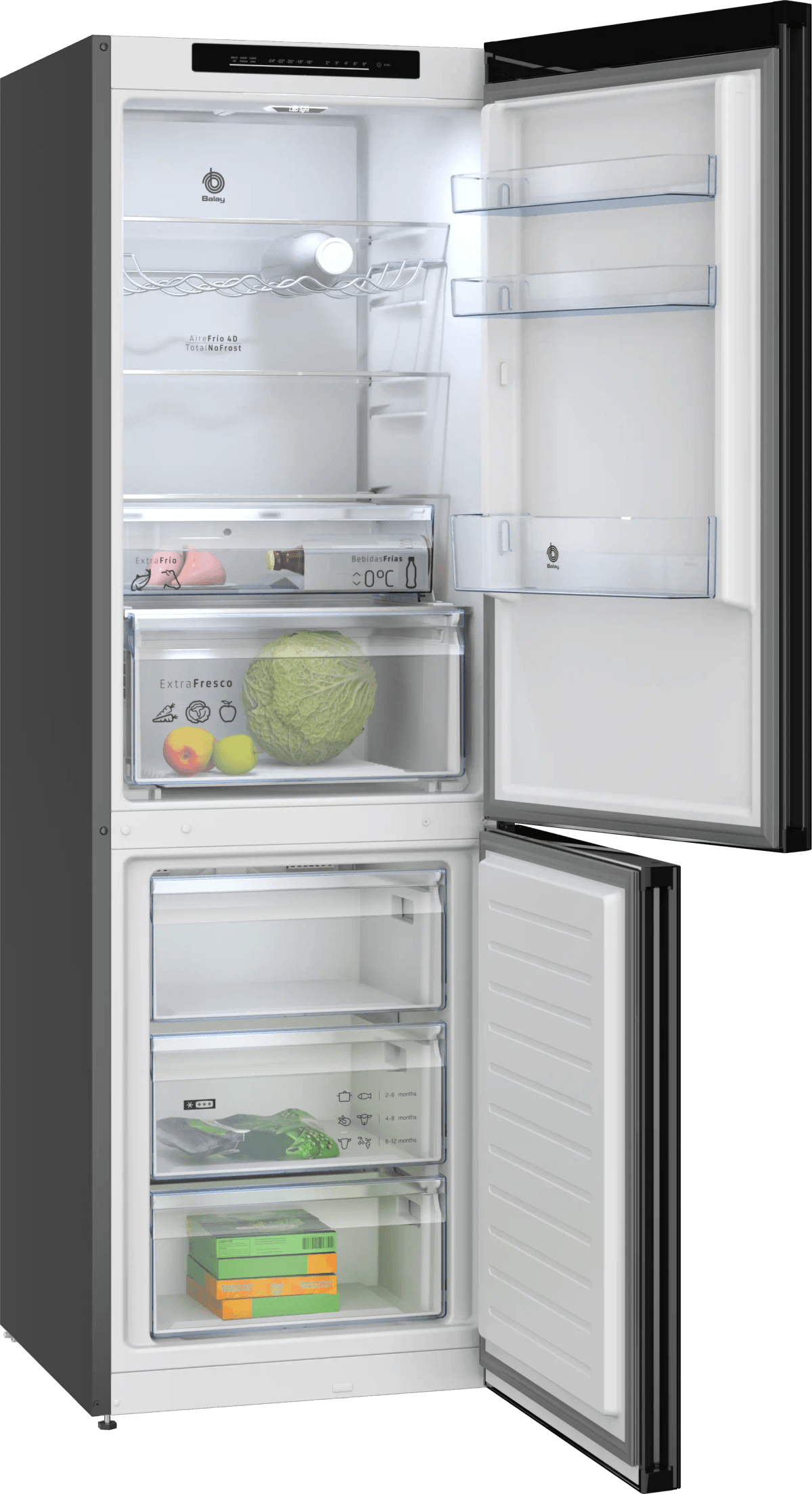 Un refrigerador abierto con verduras, frutas y alimentos congelados.