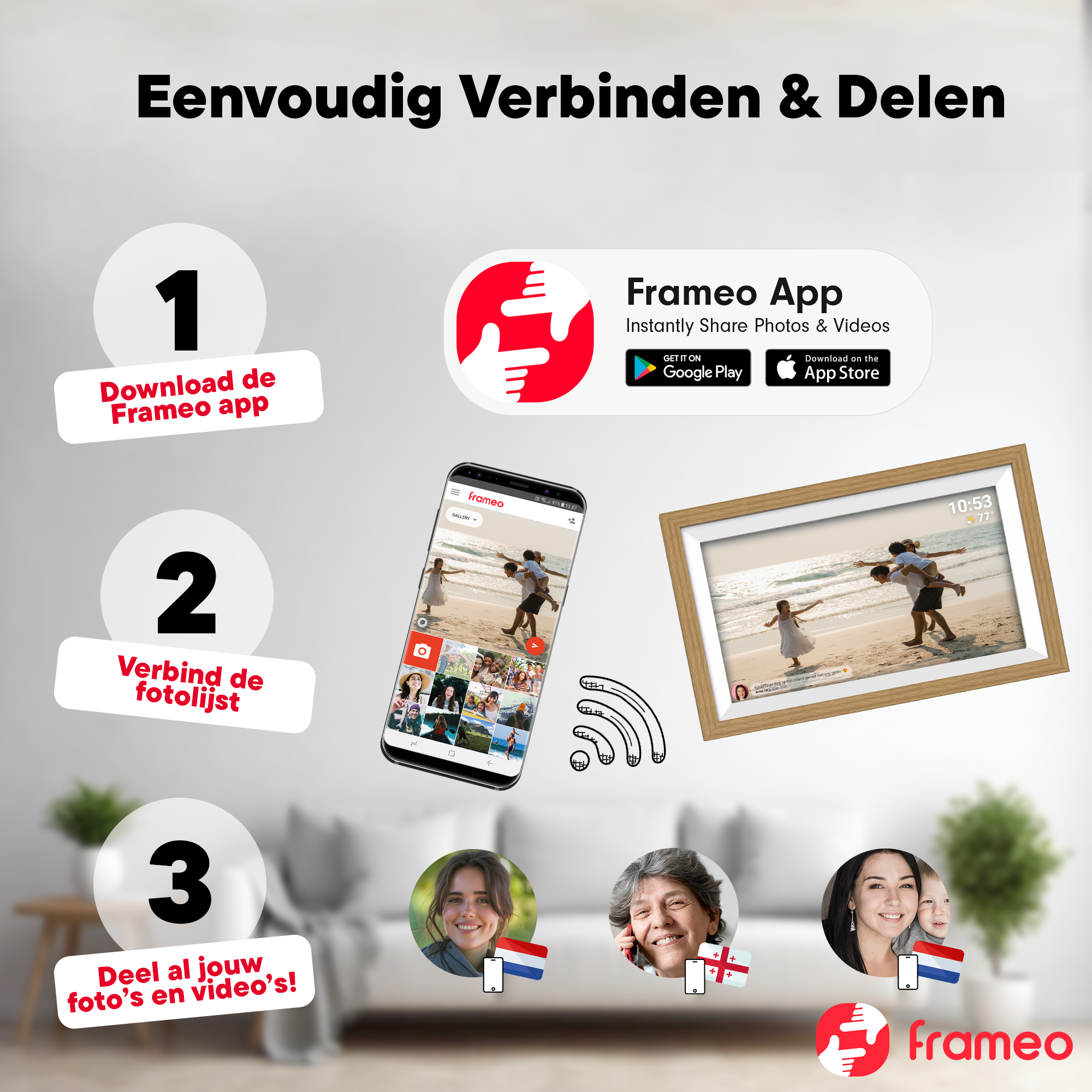 Instructions : Télécharger l'app, connecter le cadre, partager des photos.