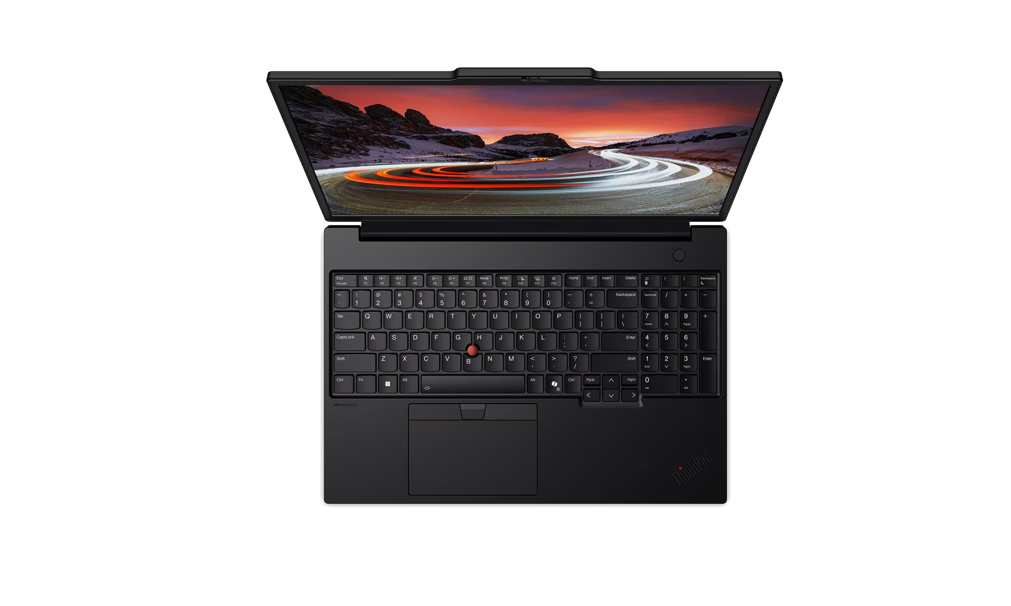 Un laptop nero aperto con tastiera e schermo che mostra un paesaggio montano.