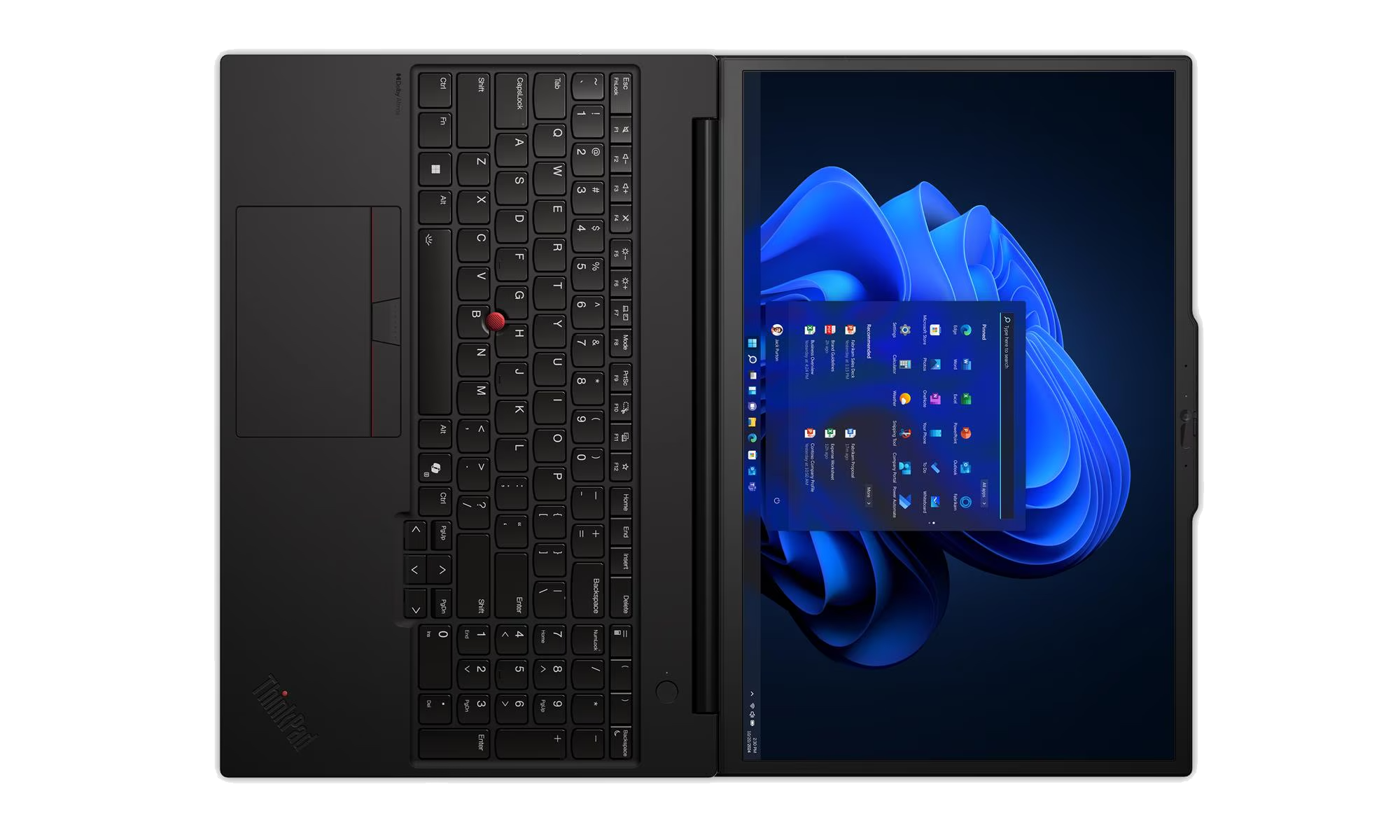 Un laptop nero aperto che mostra il menu Start di Windows e uno sfondo blu.
